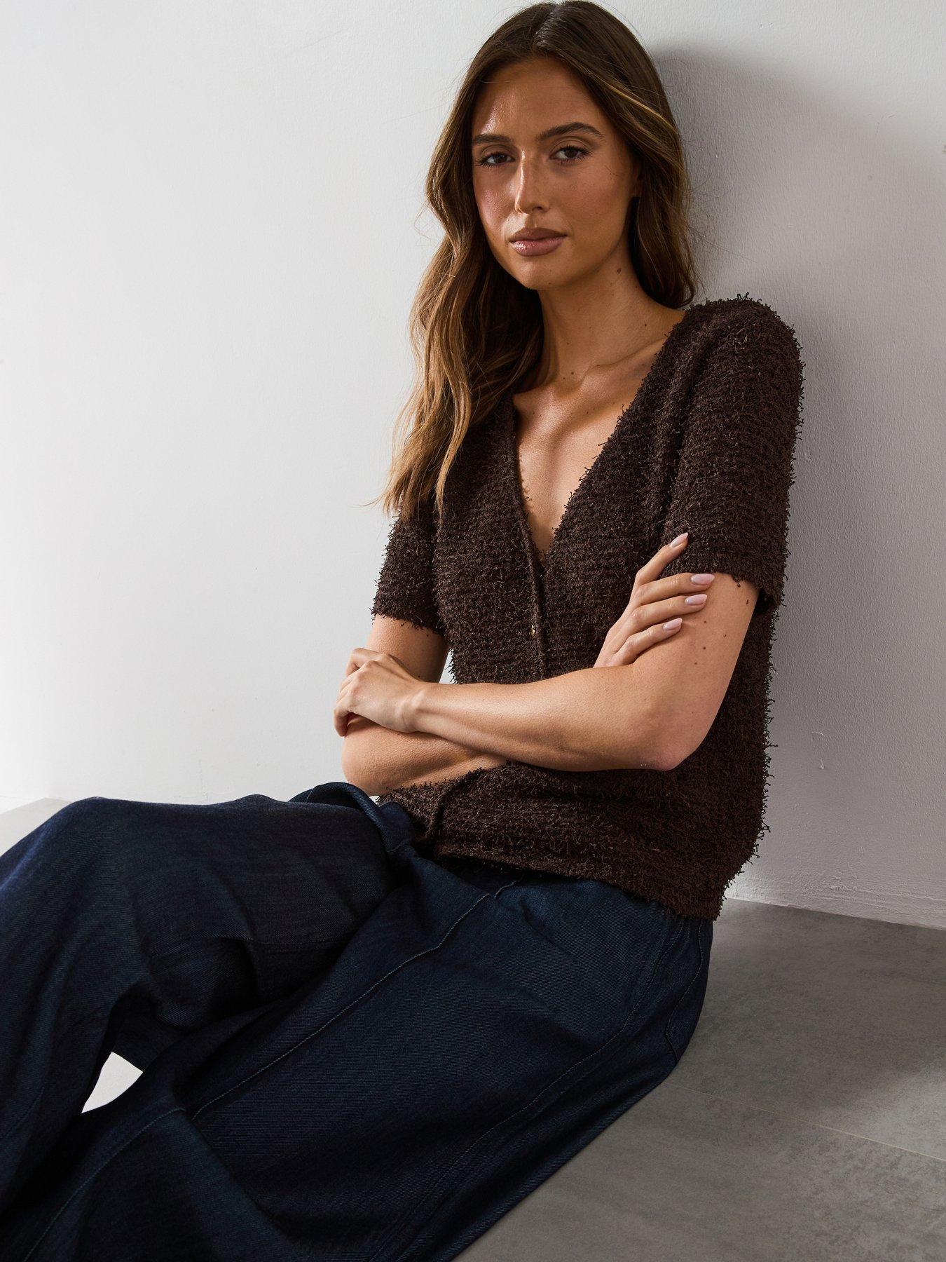 Image 6 of 6 of Mango Short Sleeved Boucle Cardigan - Brown