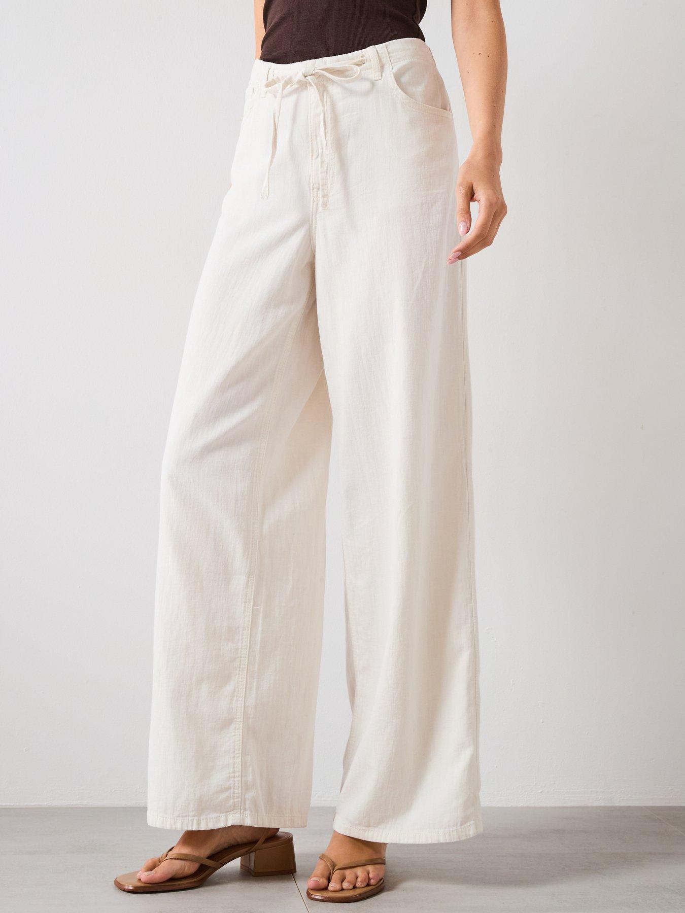 Mango Wide leg Denim Trousers With Belt - Cream