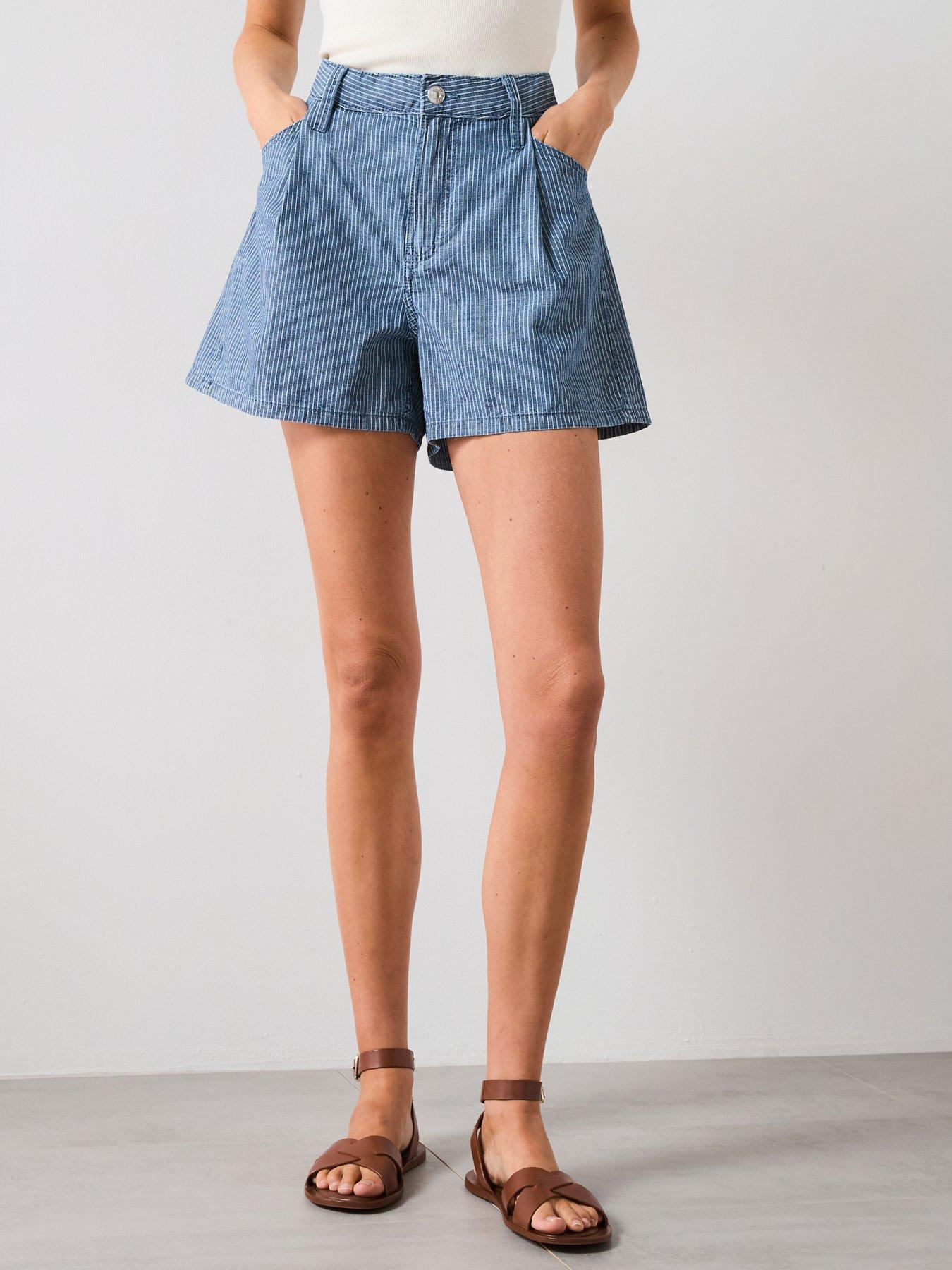 Image 1 of 6 of Mango Mid Rise Striped Denim Shorts - Blue