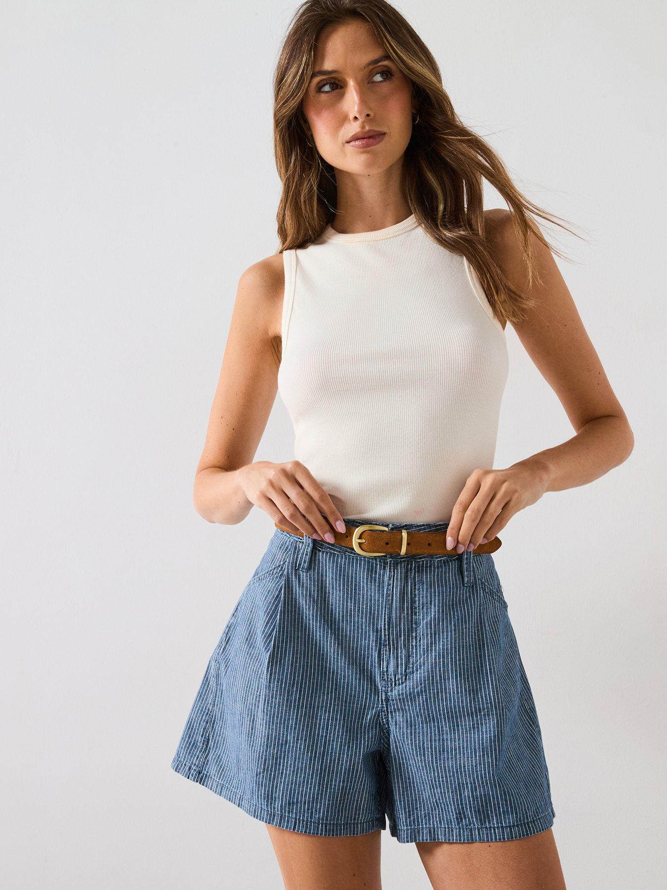 Image 4 of 6 of Mango Mid Rise Striped Denim Shorts - Blue