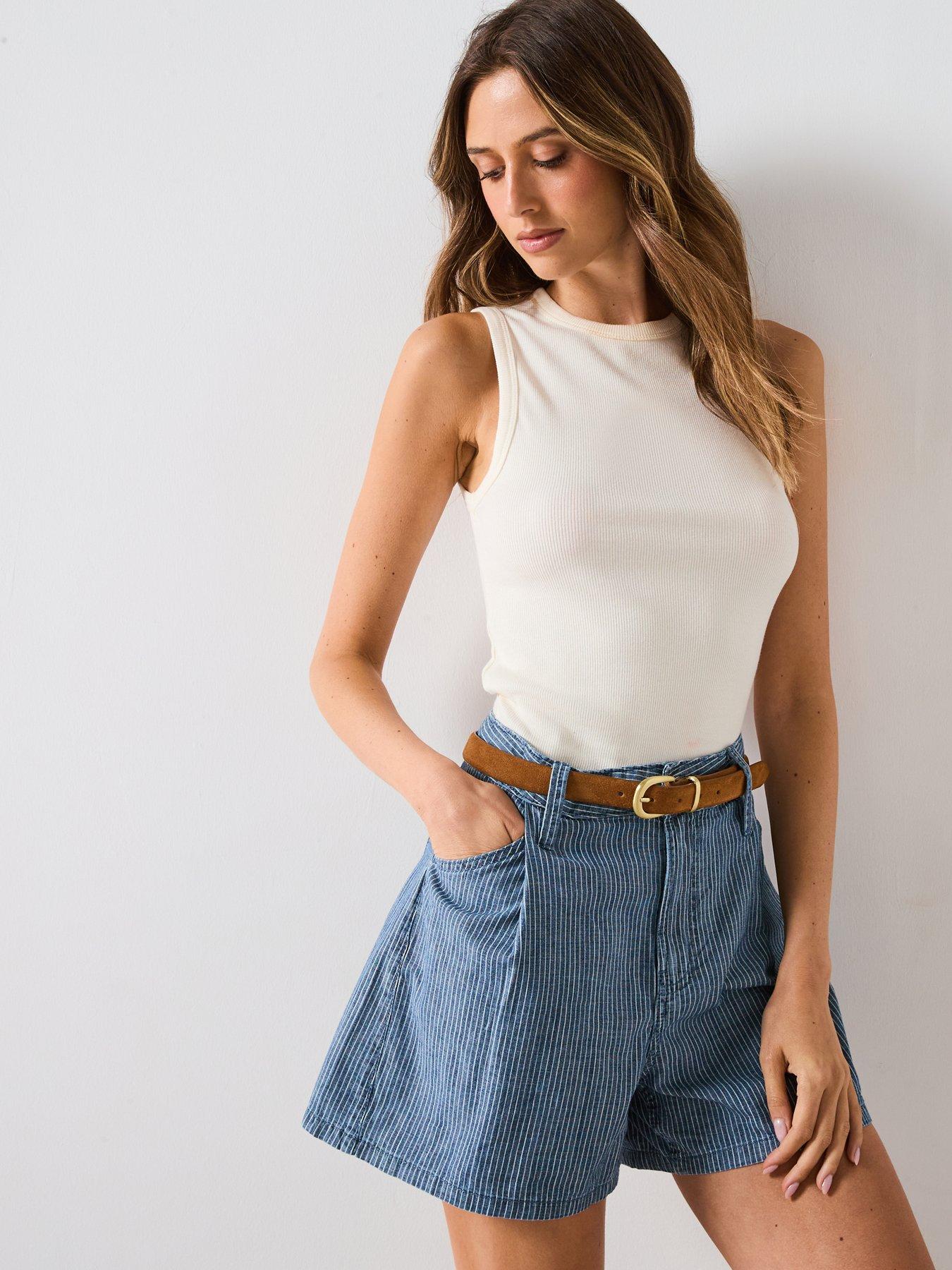 Image 5 of 6 of Mango Mid Rise Striped Denim Shorts - Blue