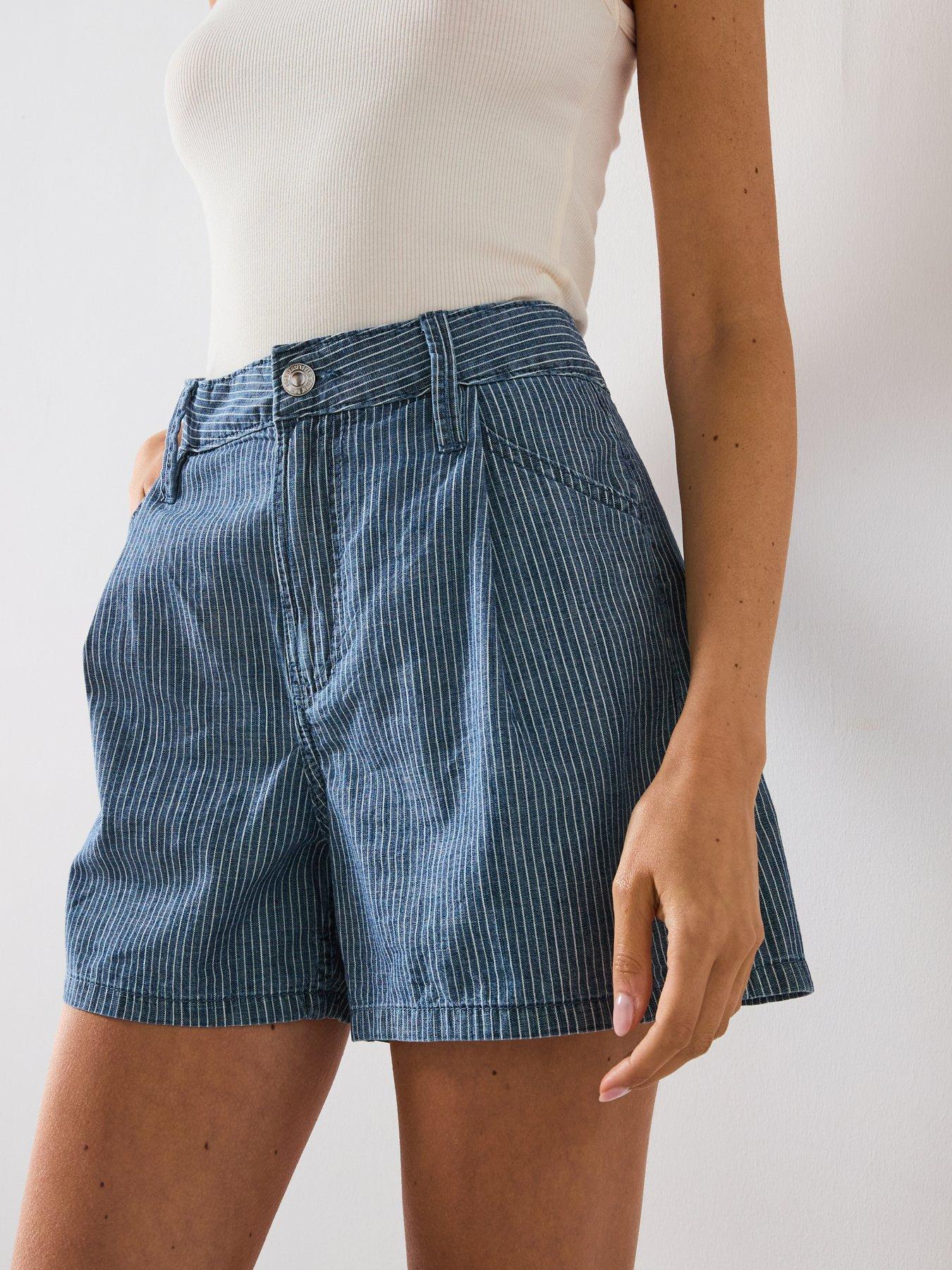 Image 6 of 6 of Mango Mid Rise Striped Denim Shorts - Blue