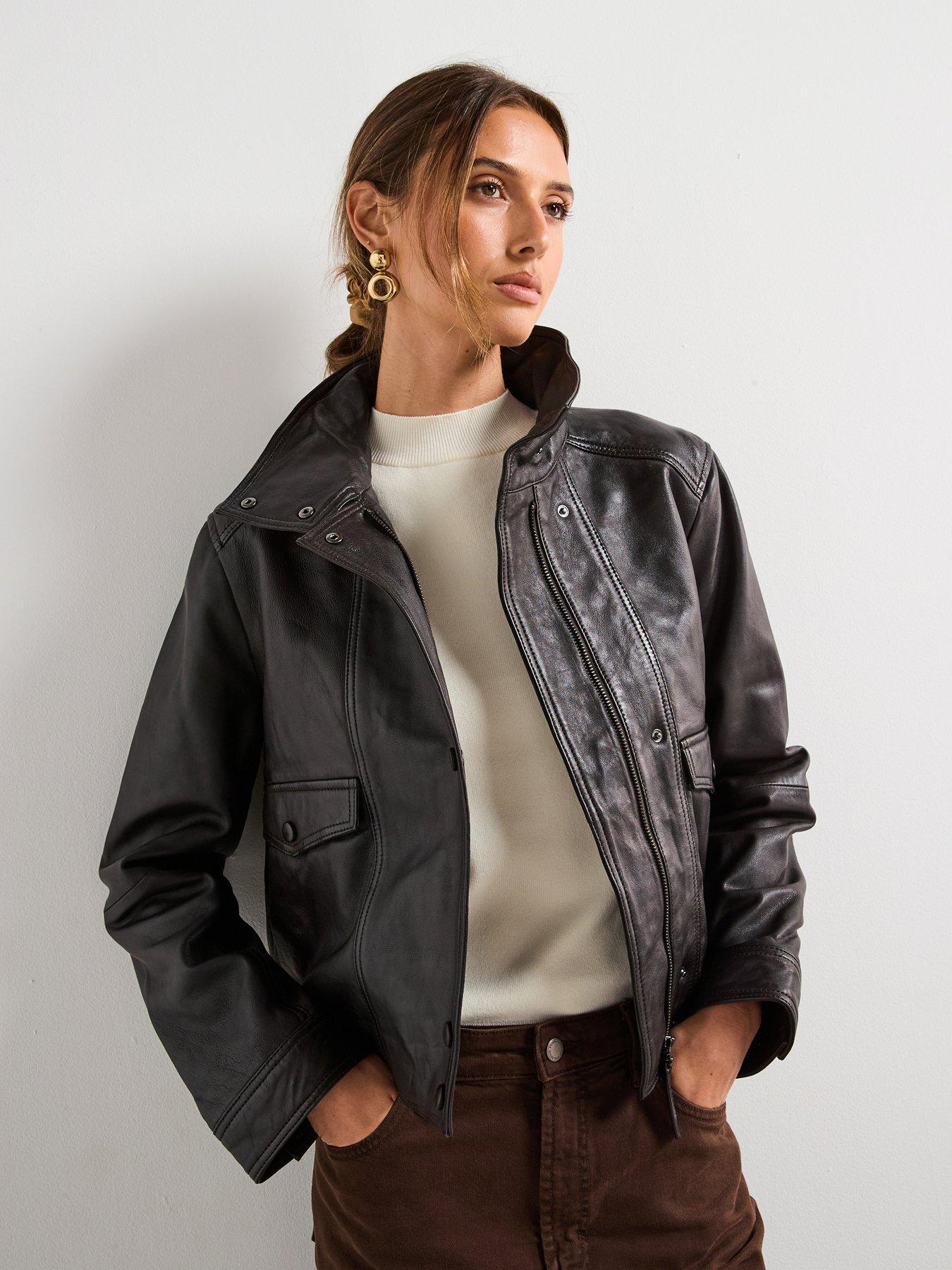 Mango High Collar Leather Jacket - Brown