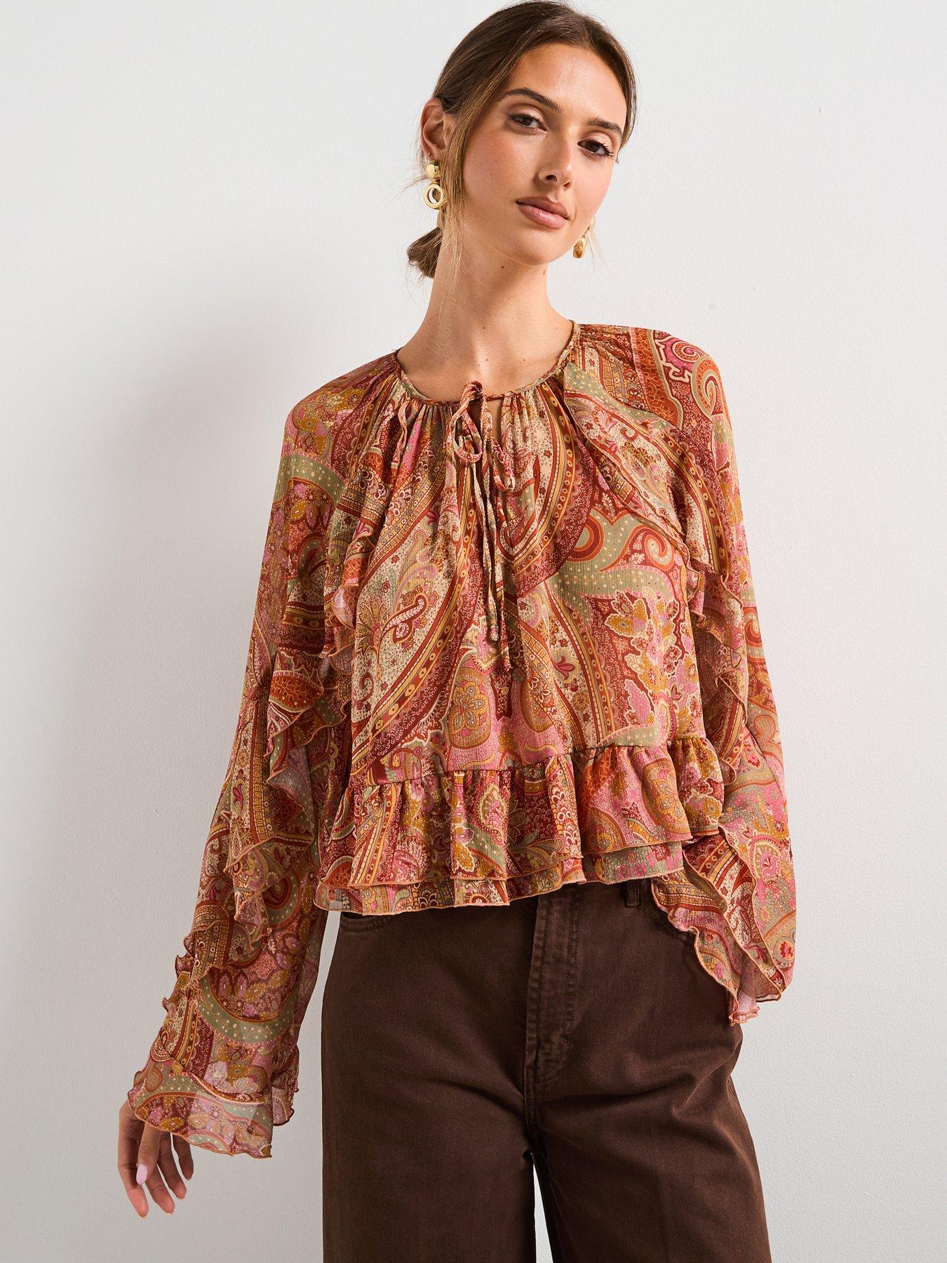 undefined Ruffles Printed Blouse - Brown