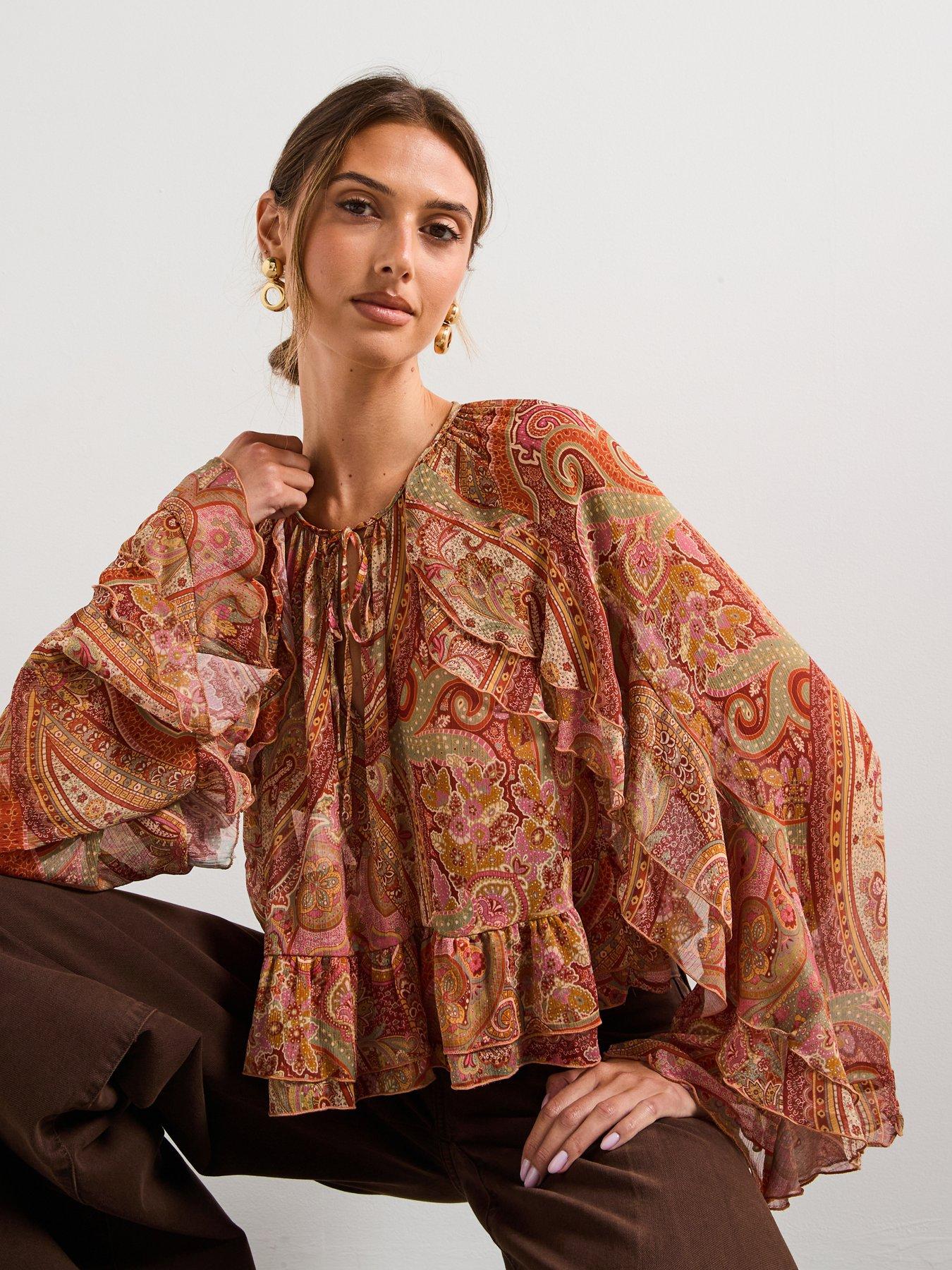 Mango Ruffles Printed Blouse - Brown | Very