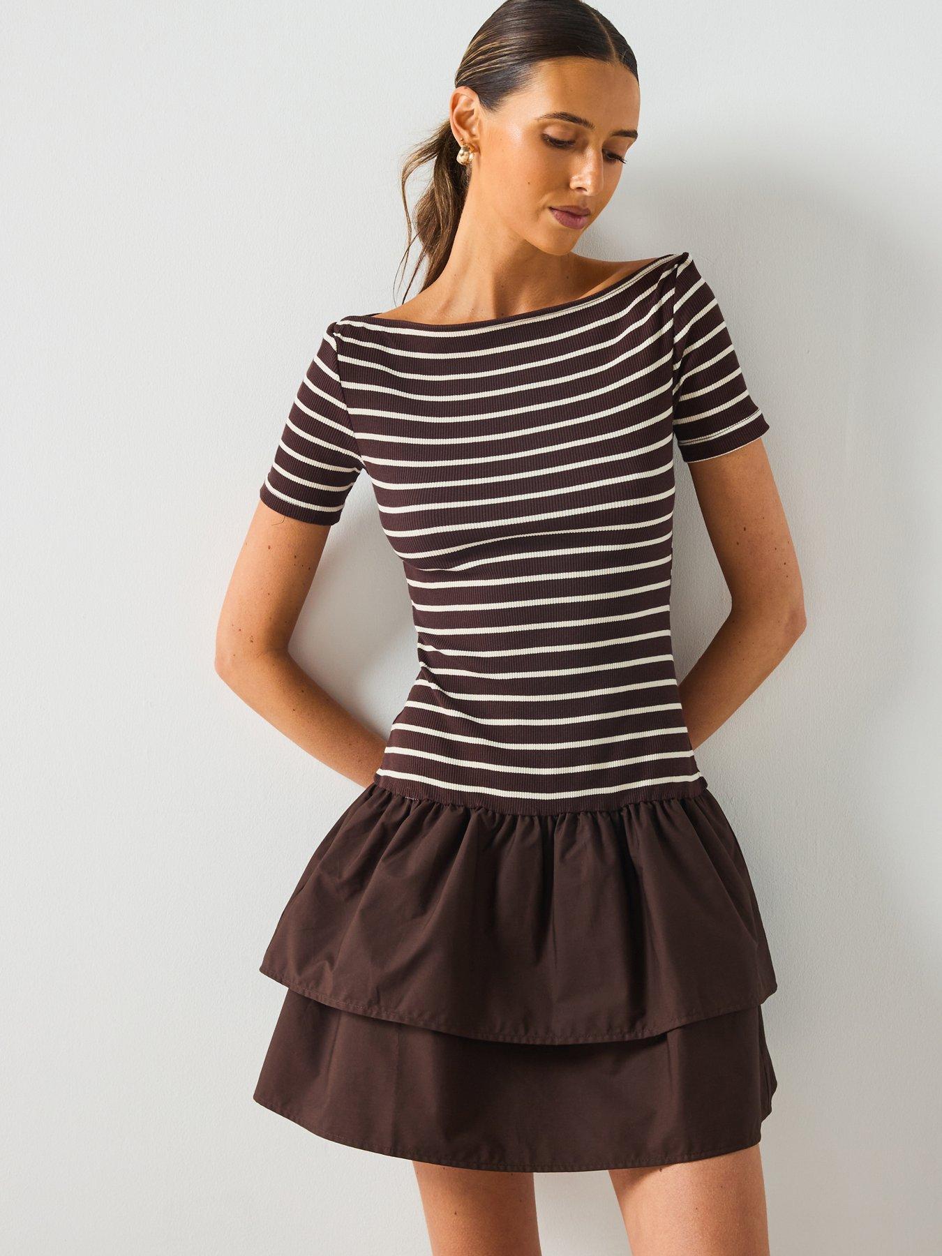 undefined Mixed Striped Dress - Brown
