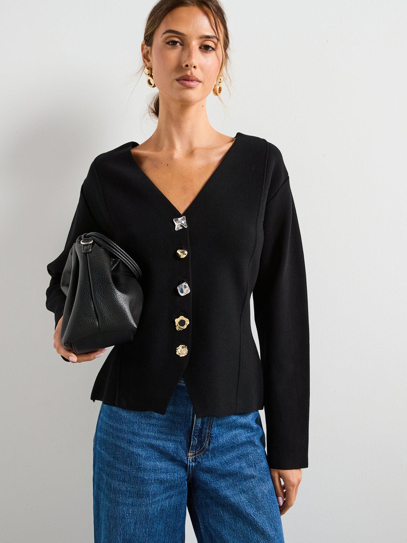 undefined Knitted Jacket With Jewel Buttons - Black