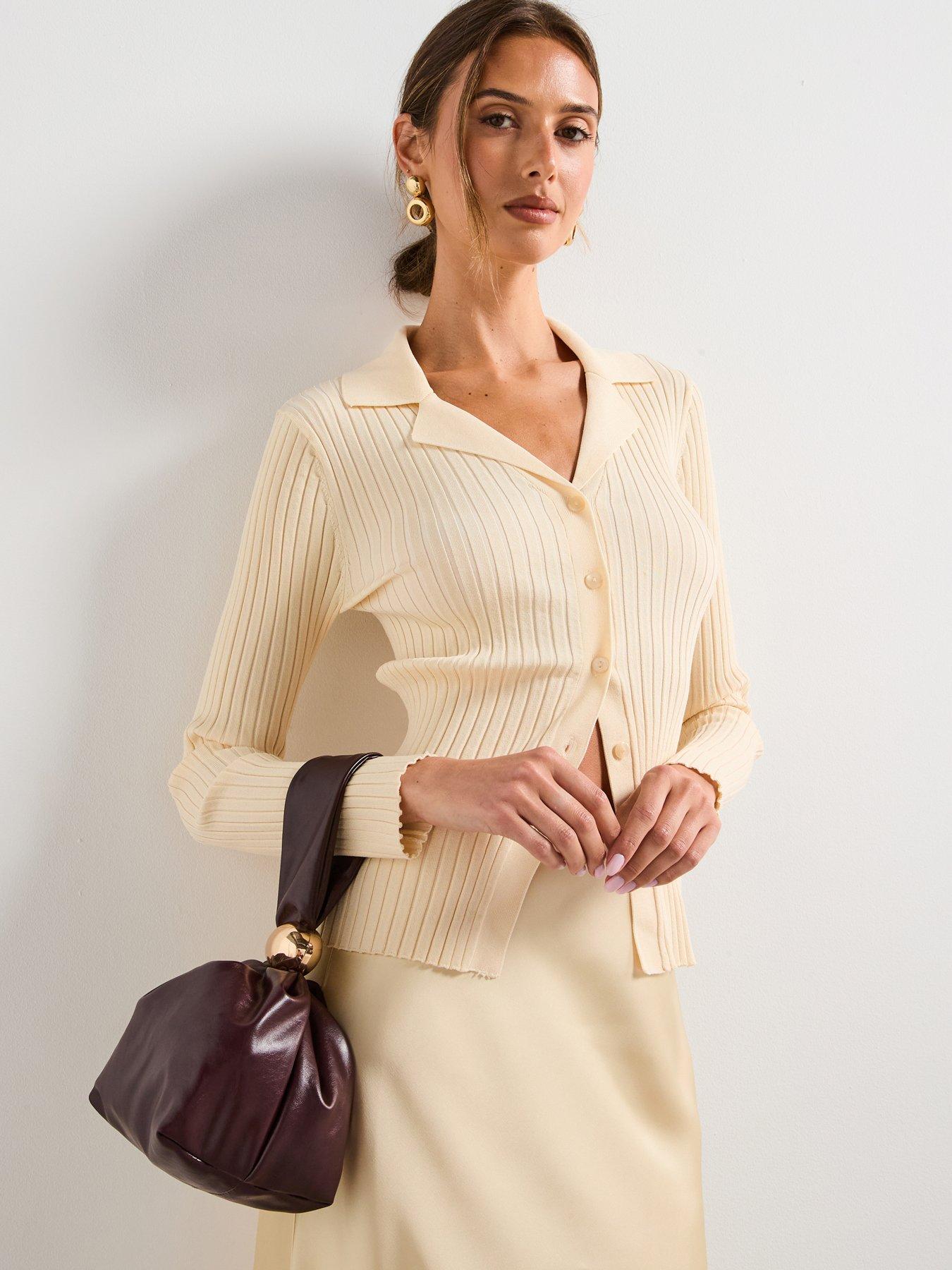 undefined Ribbed Lapel Cardigan - Cream