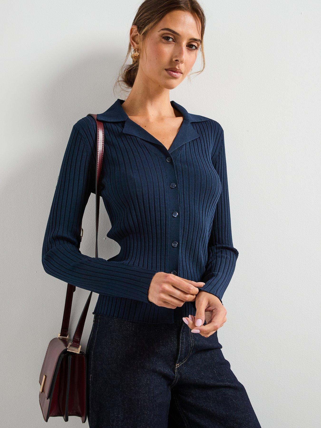 undefined Ribbed Lapel Cardigan - Navy