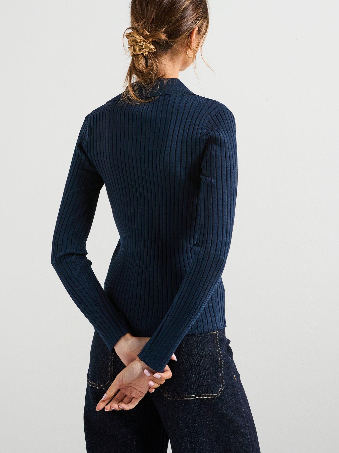 Image 2 of 6 of Mango Ribbed Lapel Cardigan - Navy