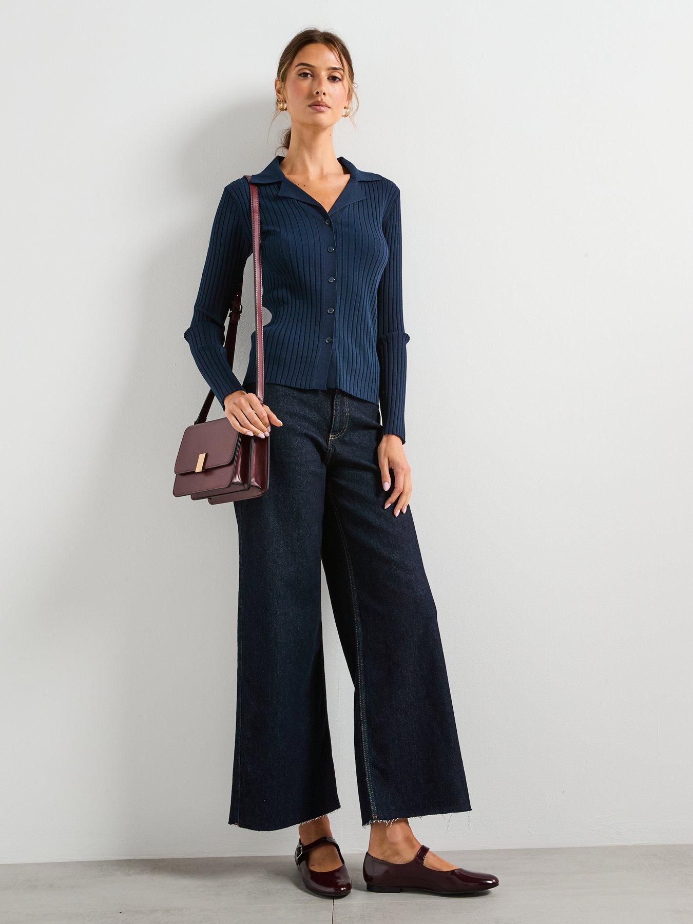 Image 3 of 6 of Mango Ribbed Lapel Cardigan - Navy