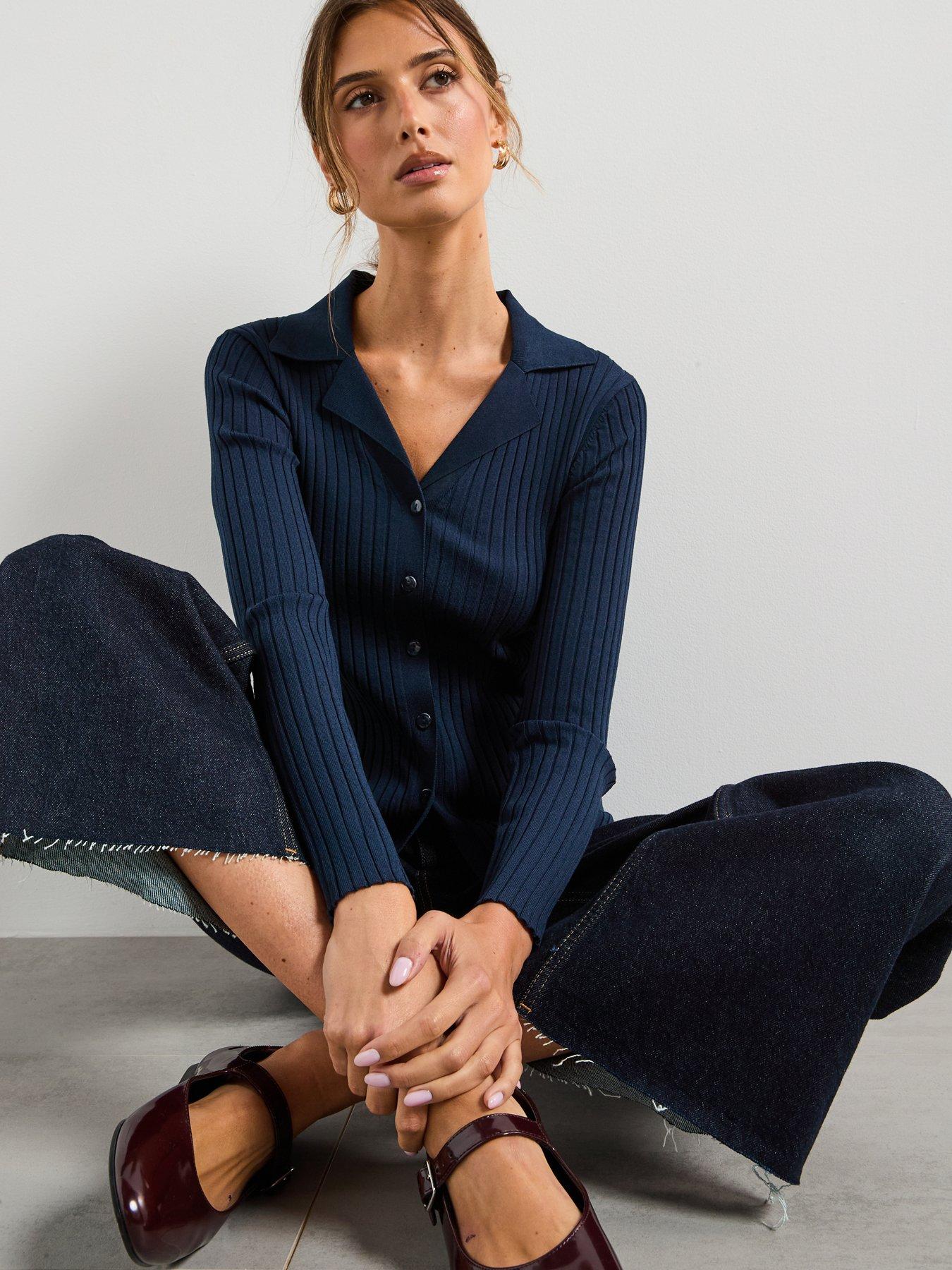 Image 6 of 6 of Mango Ribbed Lapel Cardigan - Navy
