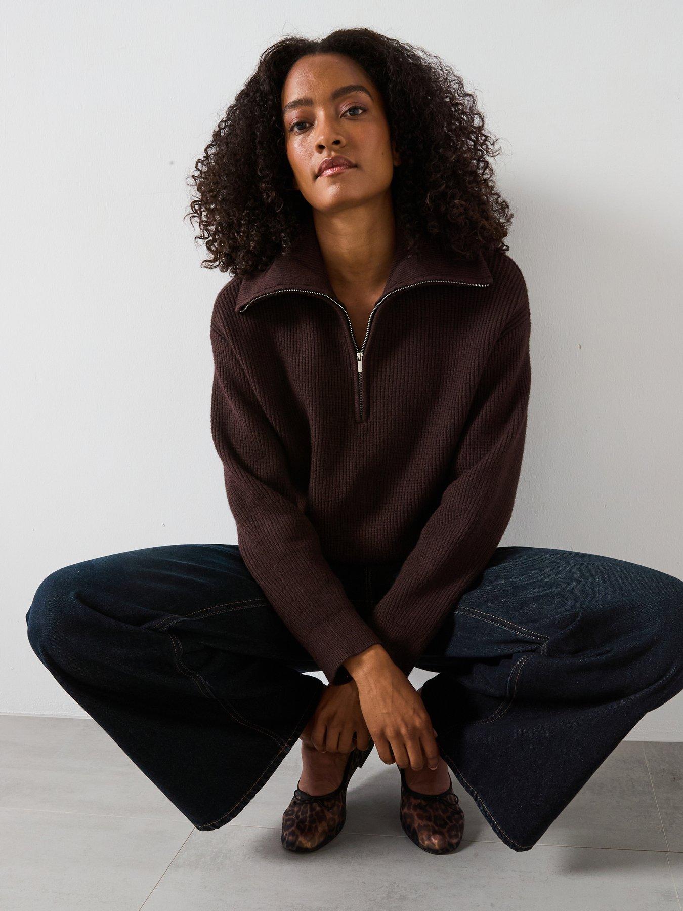 undefined Collar Zip Jumper - Brown