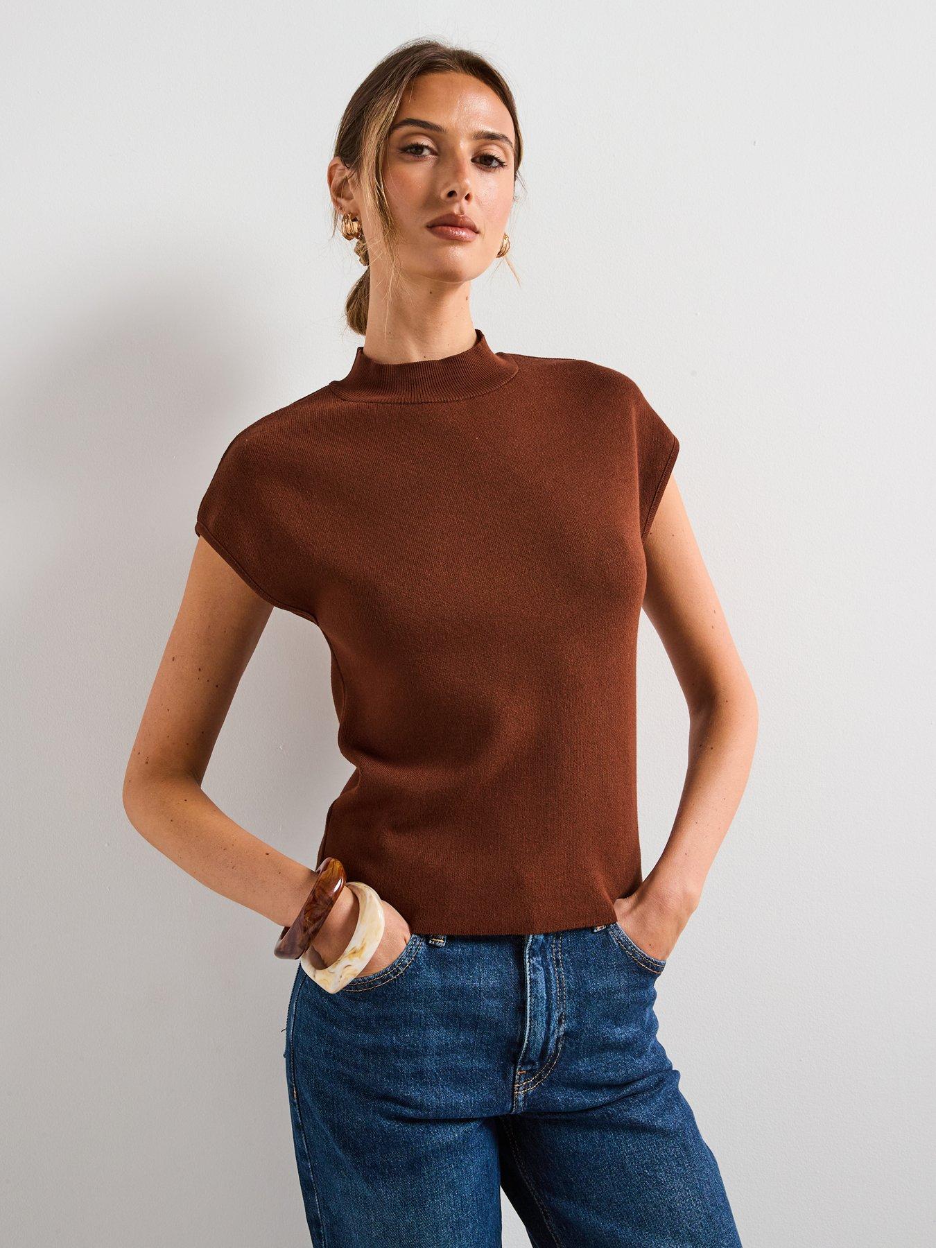 Image 1 of 6 of Mango Short-Sleeved Fine Knit Sweater - Brown