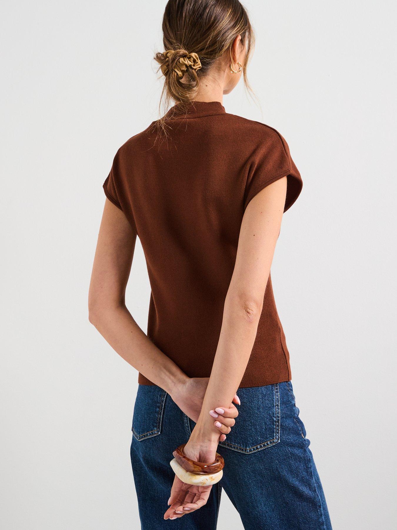 Image 2 of 6 of Mango Short-Sleeved Fine Knit Sweater - Brown