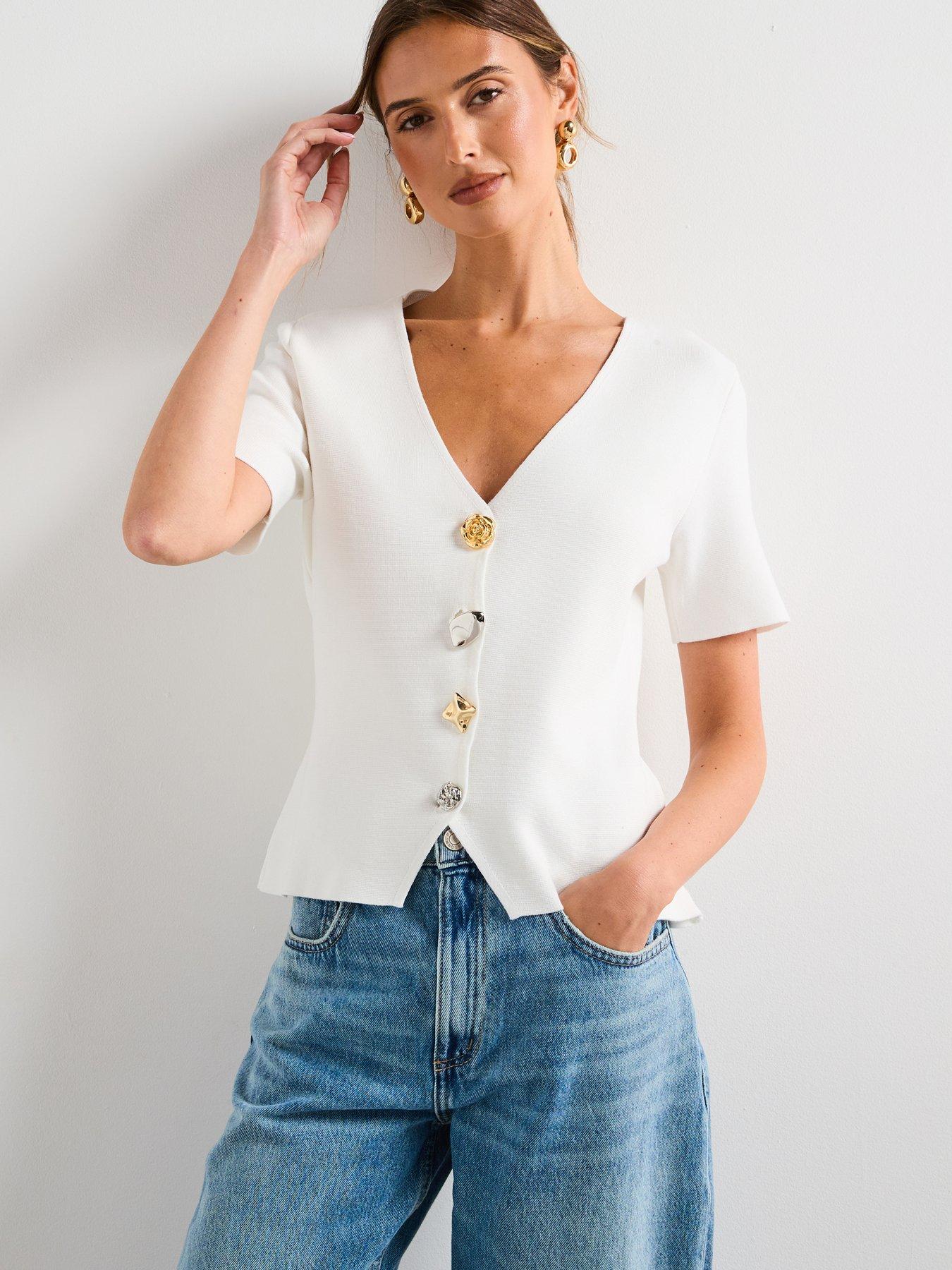undefined Knitted Cardigan With Jewel Button - White