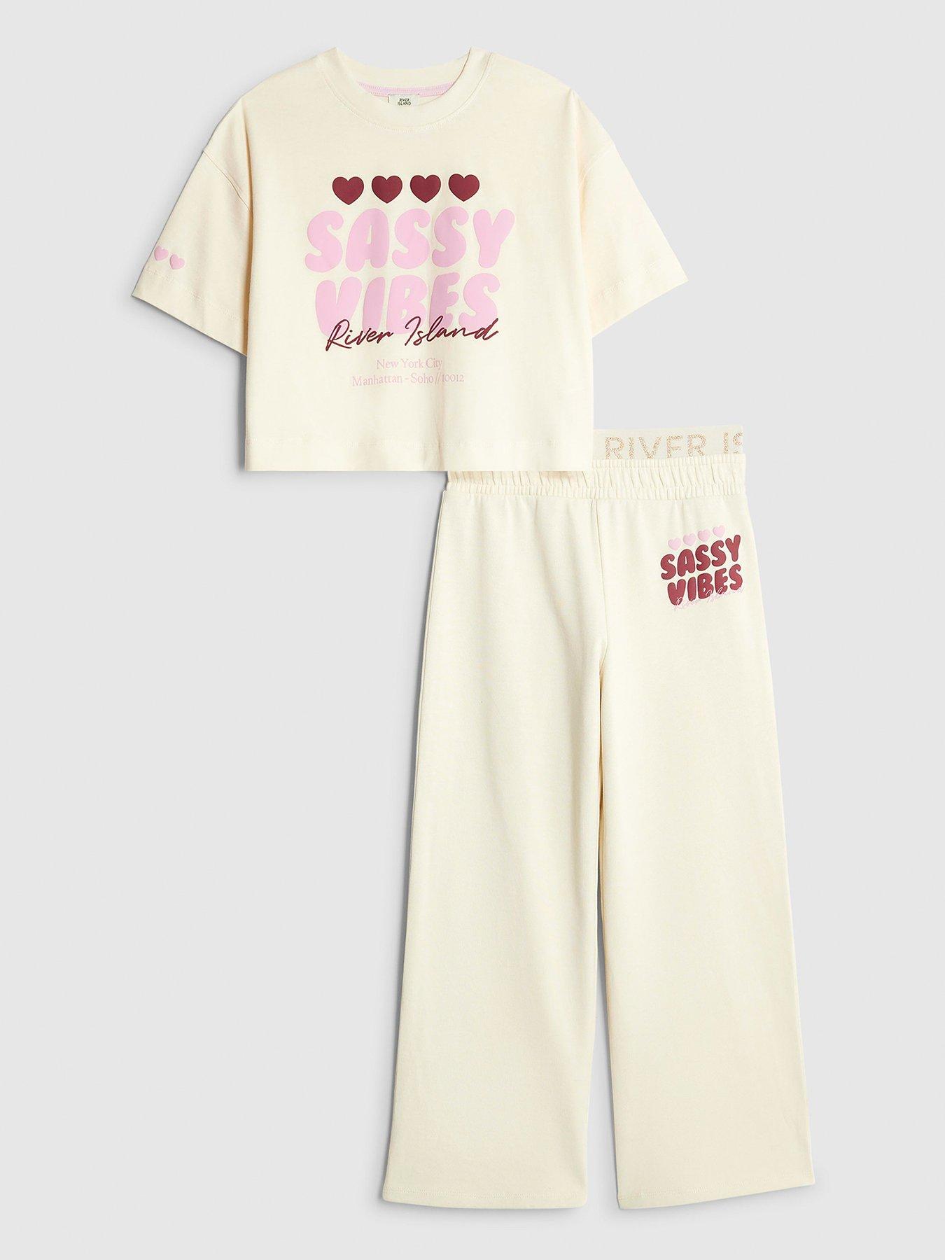 River Island Older Girls Sassy Vibes T-Shirt Set Cream Very