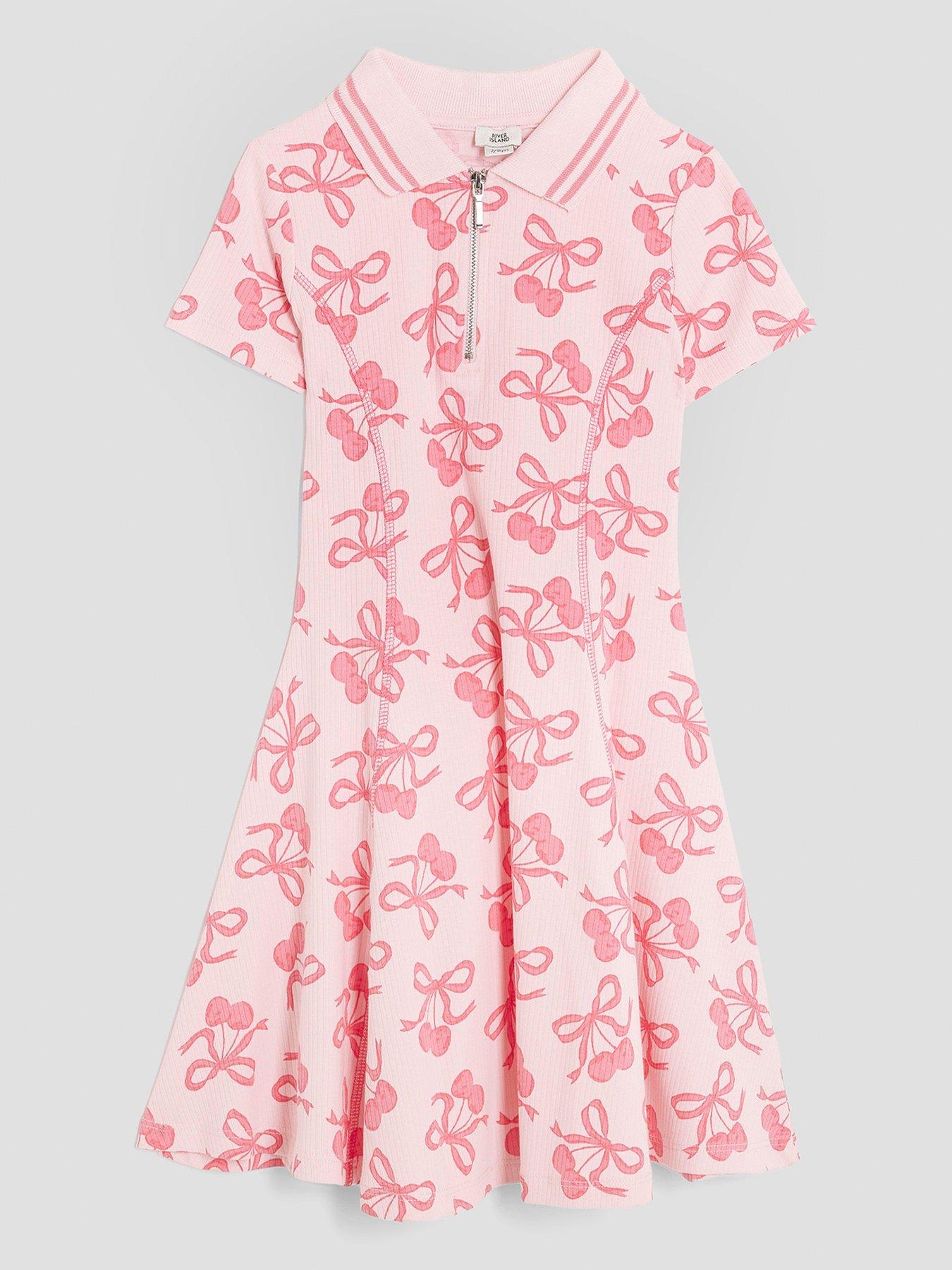 undefined Older Girls Ribbed Cherry Bow Dress - Pink