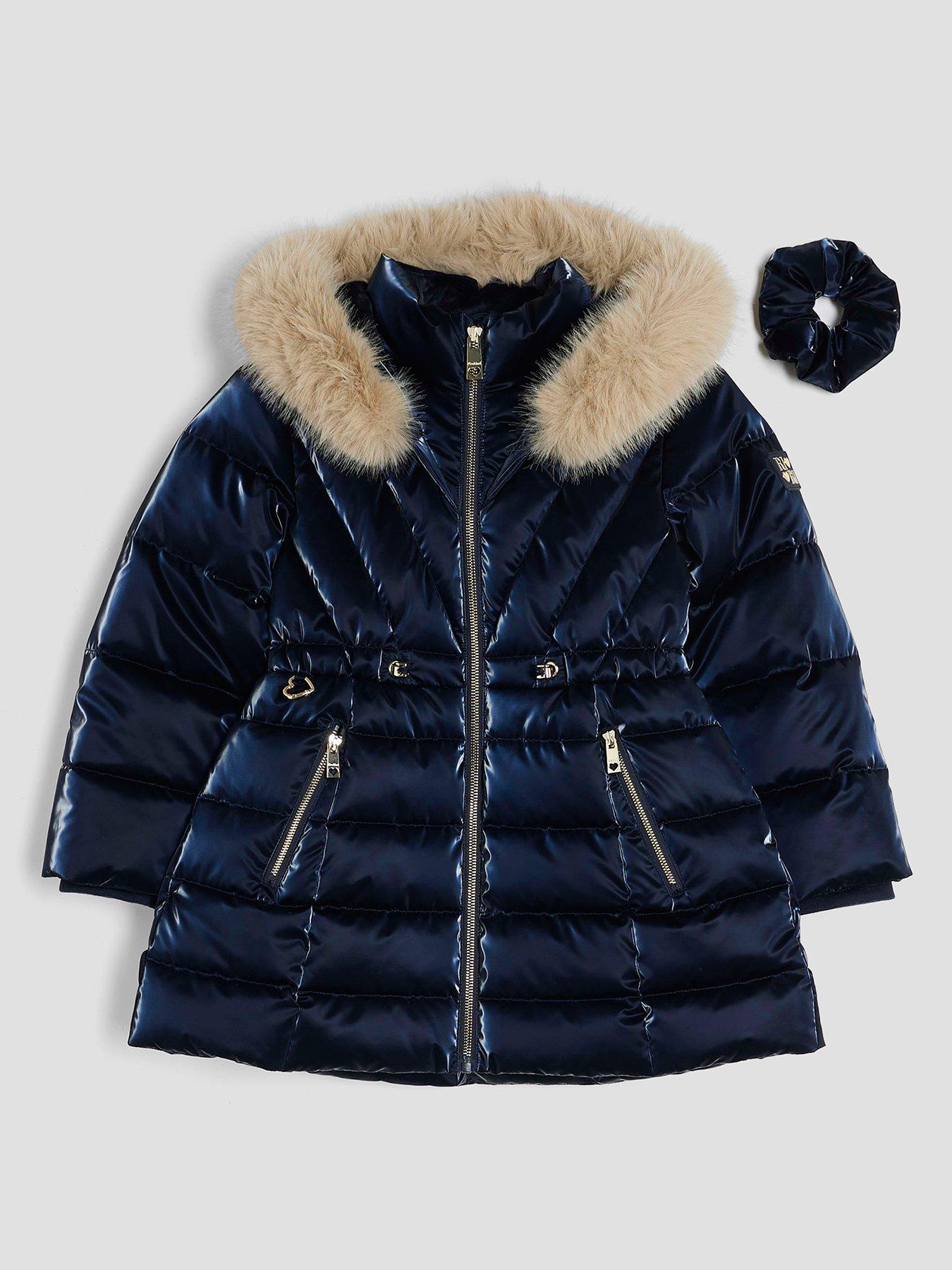 undefined Older Girls High Shine Padded Coat & Scrunchie Set - Navy