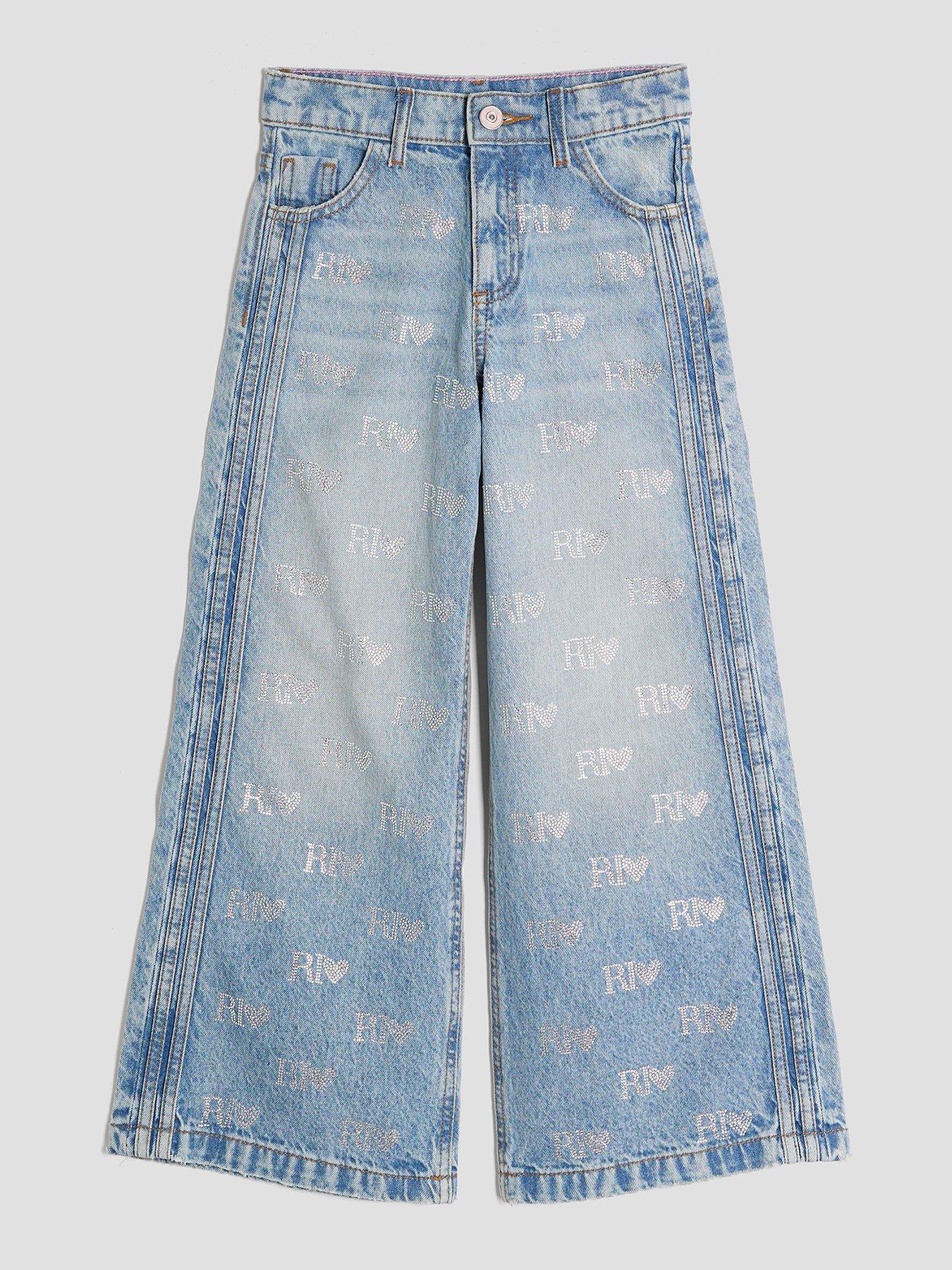 undefined Older Girls Diamante Monogram Wide Leg Jeans - Blue