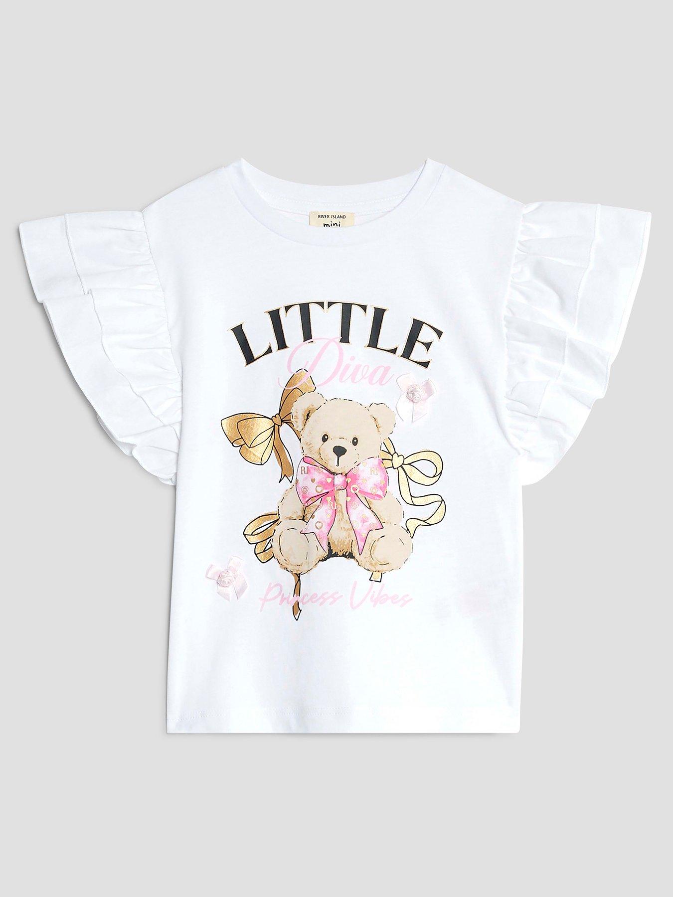 River Island Mini Girls Frill Sleeve Bear T-Shirt - White