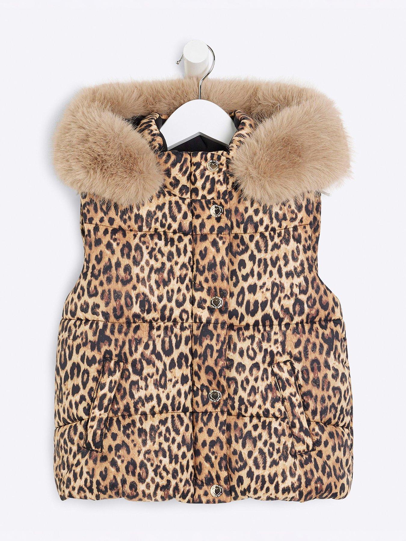 Image 1 of 5 of River Island Mini Girls Leopard Padded Gilet - Brown