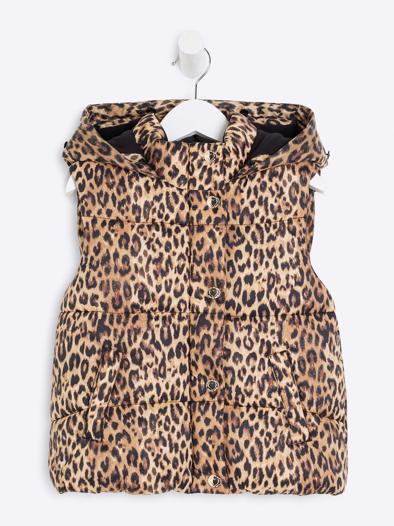 Image 2 of 5 of River Island Mini Girls Leopard Padded Gilet - Brown