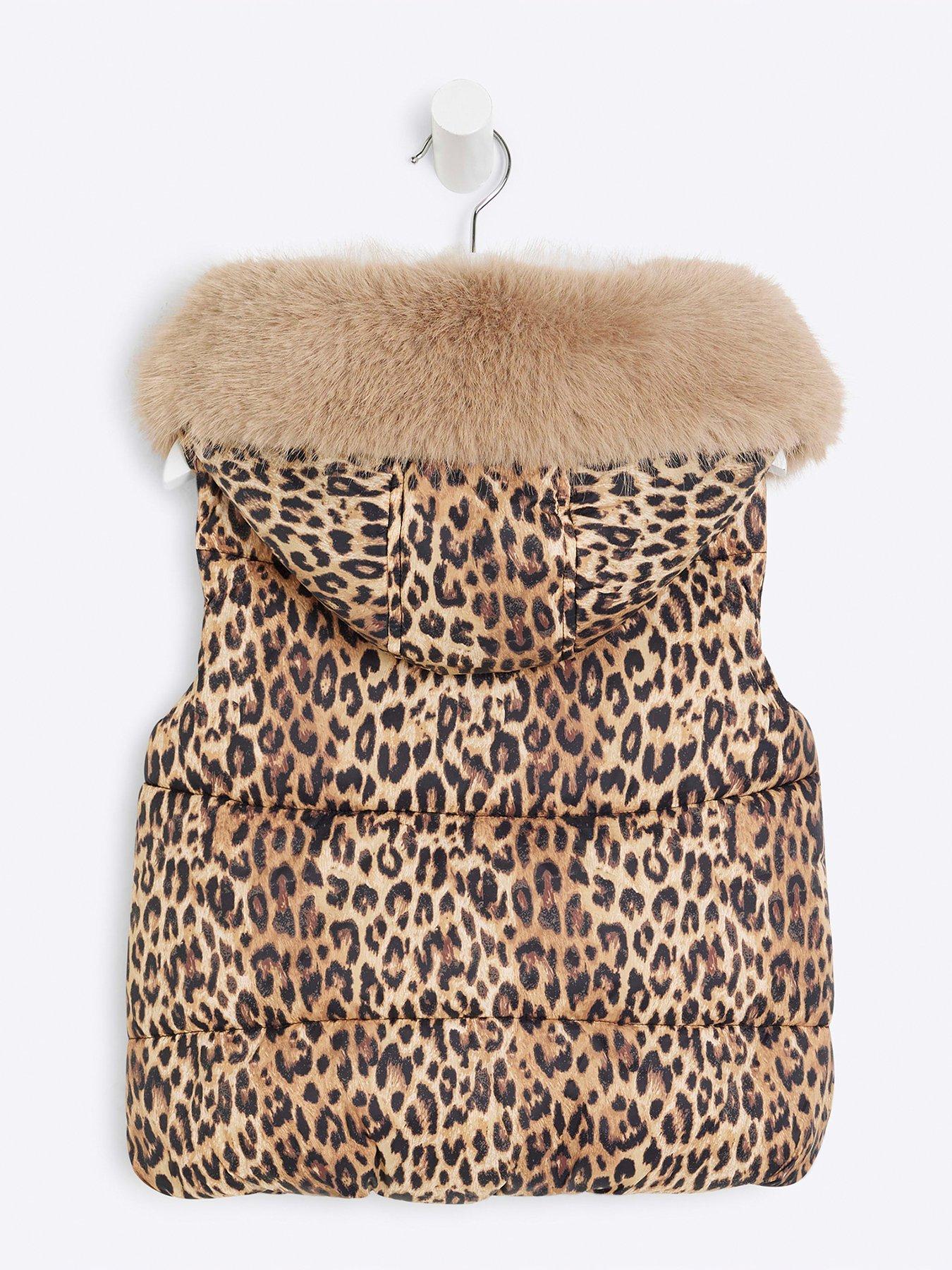 Image 3 of 5 of River Island Mini Girls Leopard Padded Gilet - Brown