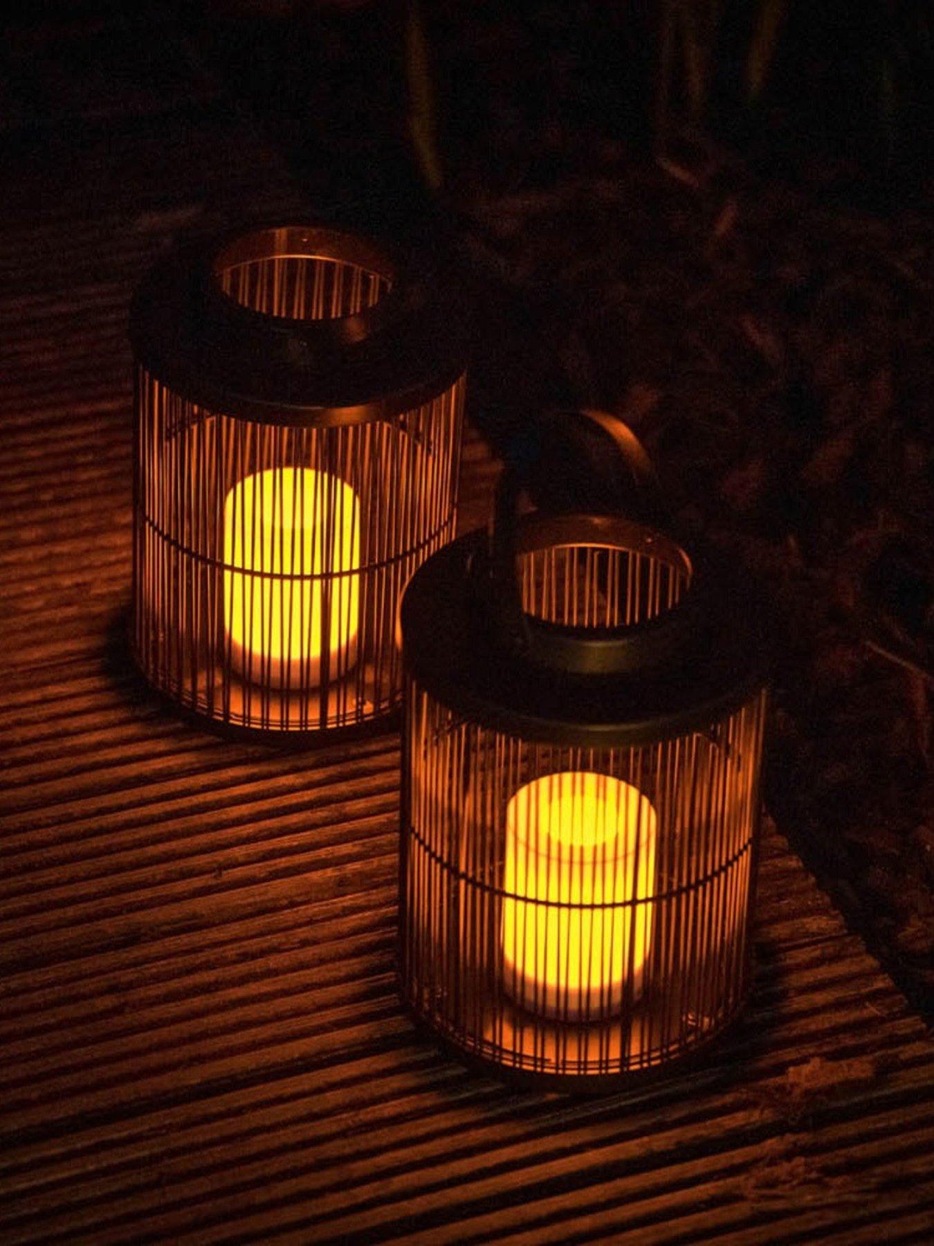 undefined Outdoor Cylindrical Basket with Battery Operated LED Candle - Pair