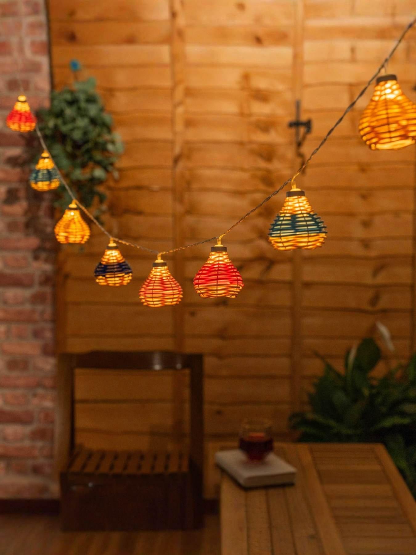 Image 1 of 3 of ValueLights Battery Powered Multicolour Rattan String Lights - Set of 10