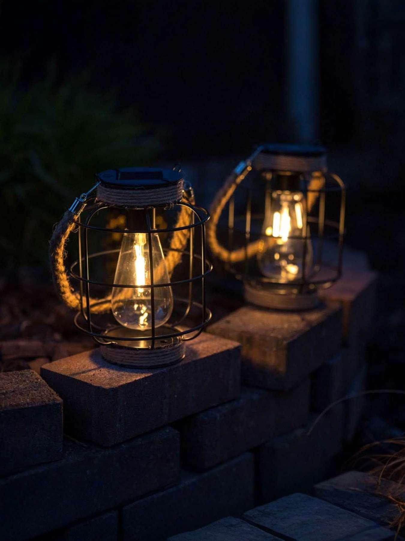 ValueLights Solar Powered Pair of Caged Jars with Filament Bulbs