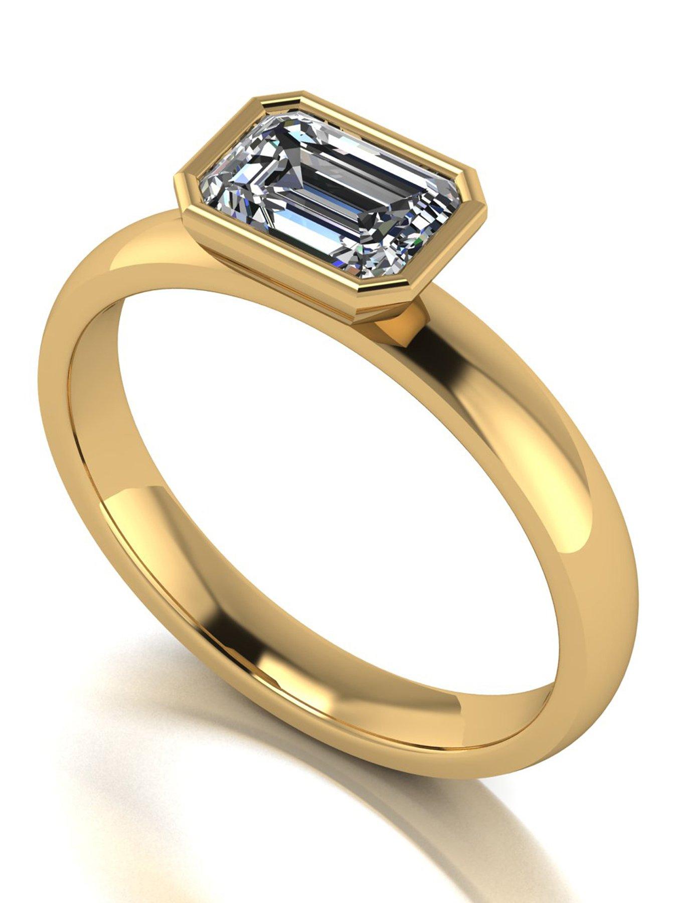 Moissanite 9Ct 1Ct Rub Set Emerald Cut Wed Fit Solitaire Ring - Gold