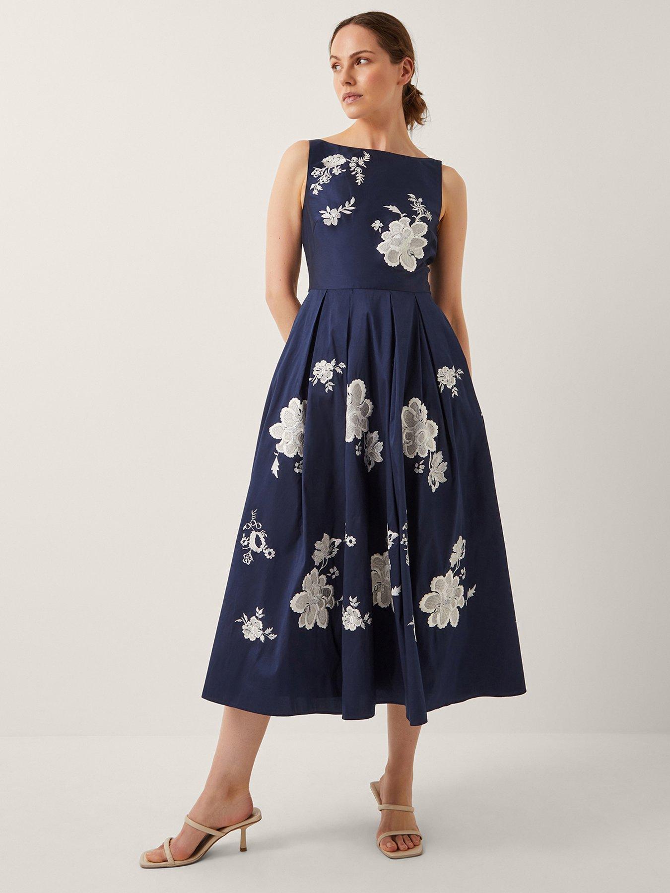 Image 1 of 4 of Monsoon Sicily Embroidered Dress - Navy