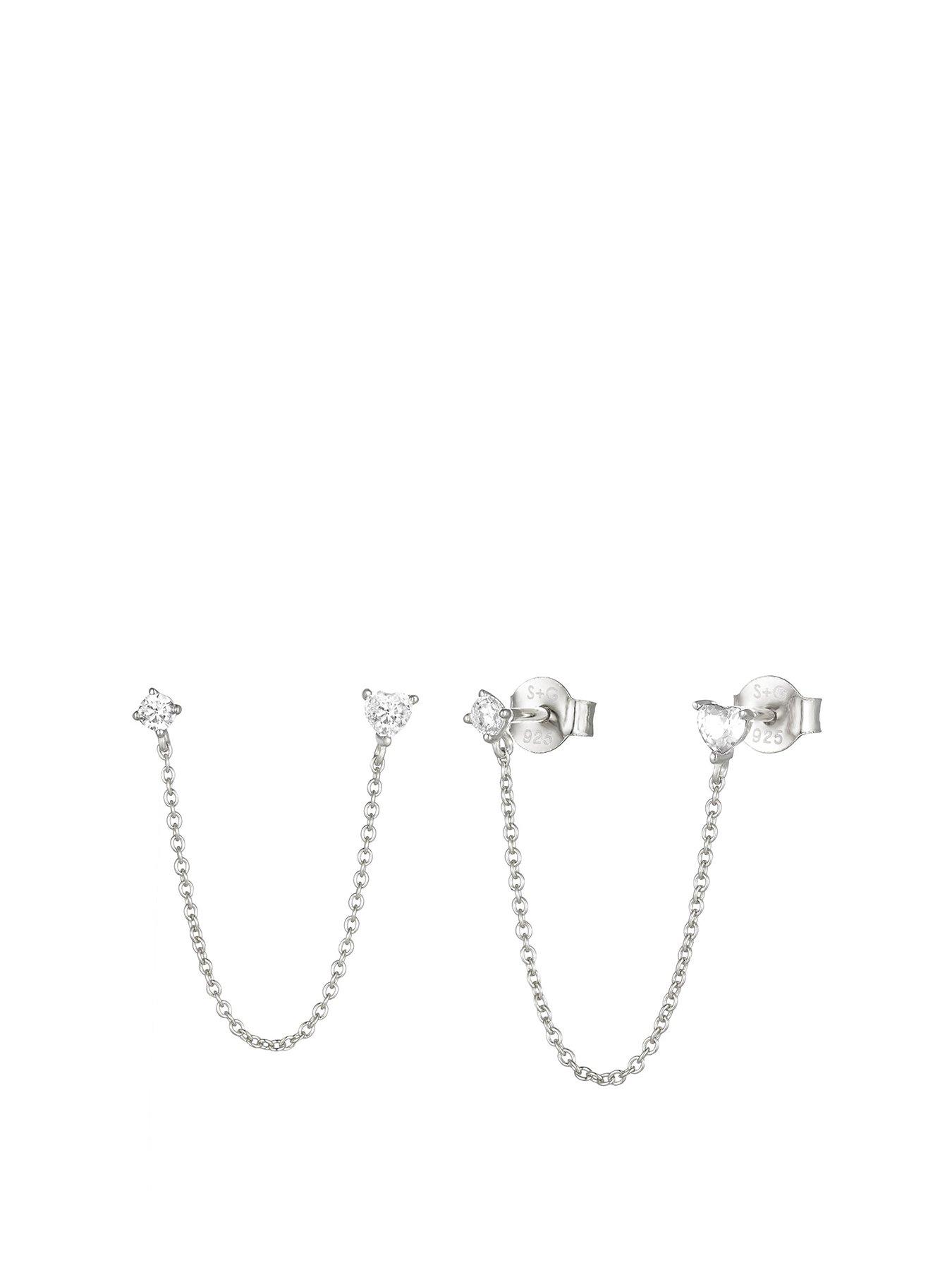 Seol + Gold Sterling Heart Shape Cz Chain Studs - Silver