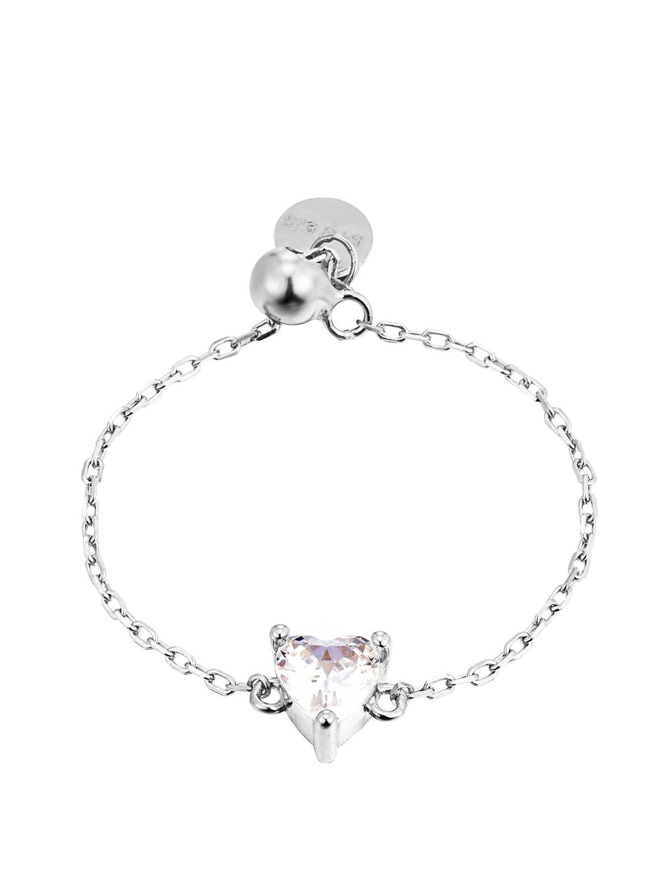 undefined Sterling Silver CZ Heart Adjustable Chain Ring