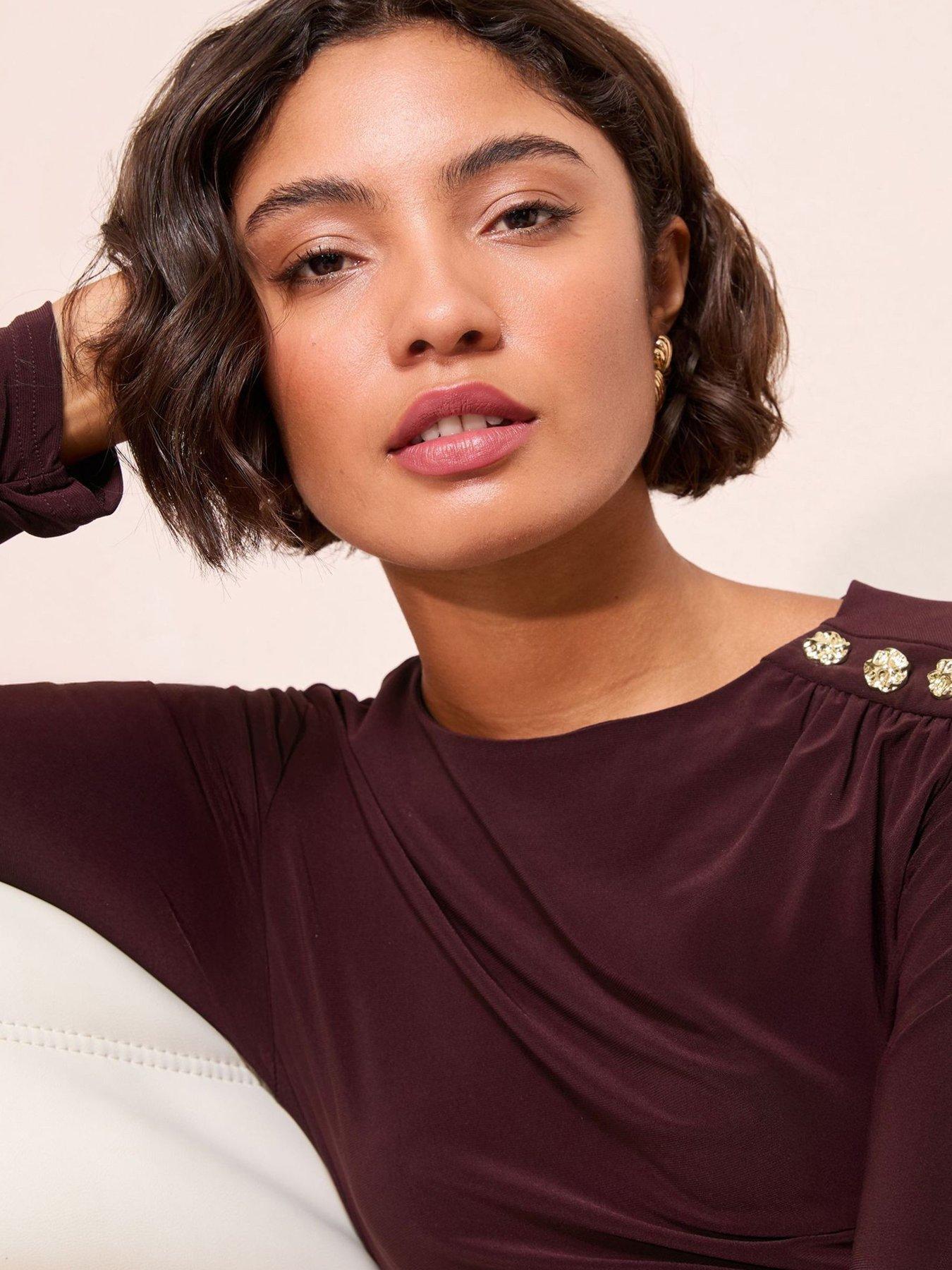 Friends Like These Slinky Ruched Long Sleeve Button Shoulder Maxi Dress -  Burgundy | Very