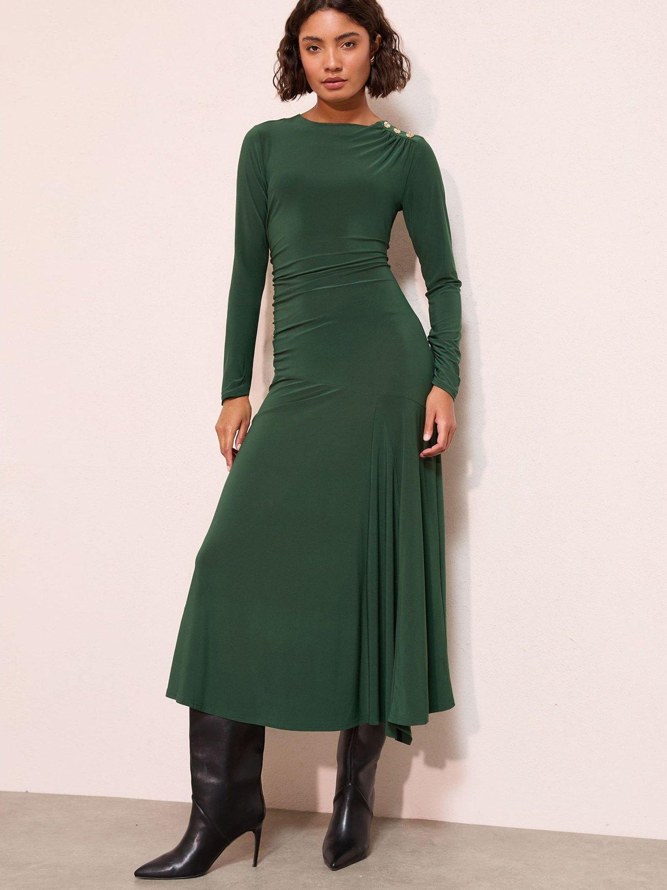 Friends Like These Slinky Ruched Long Sleeve Button Shoulder Maxi Dress - Dark Green