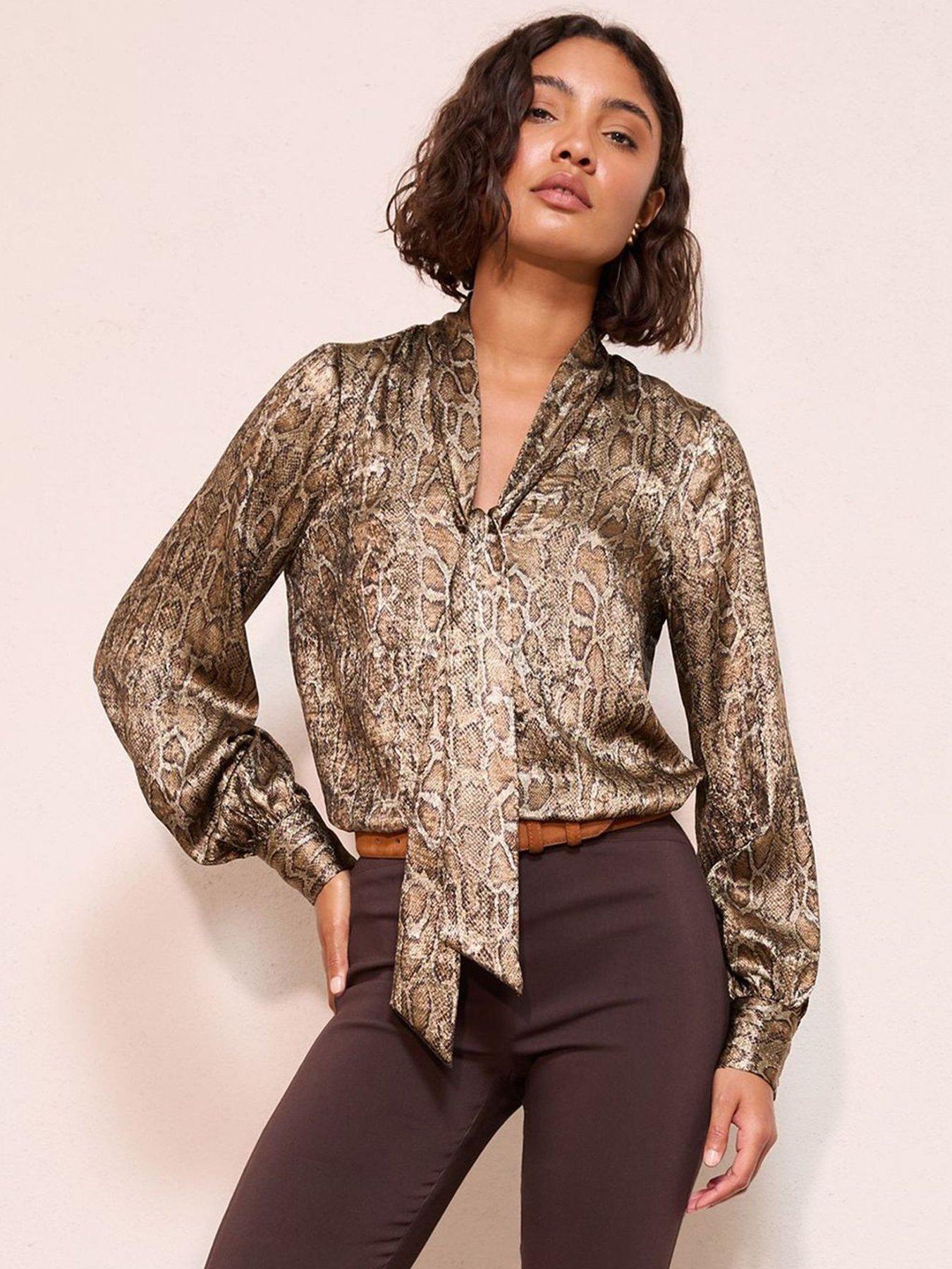 Friends Like These Tie Neck Snake Foil Blouse - Brown