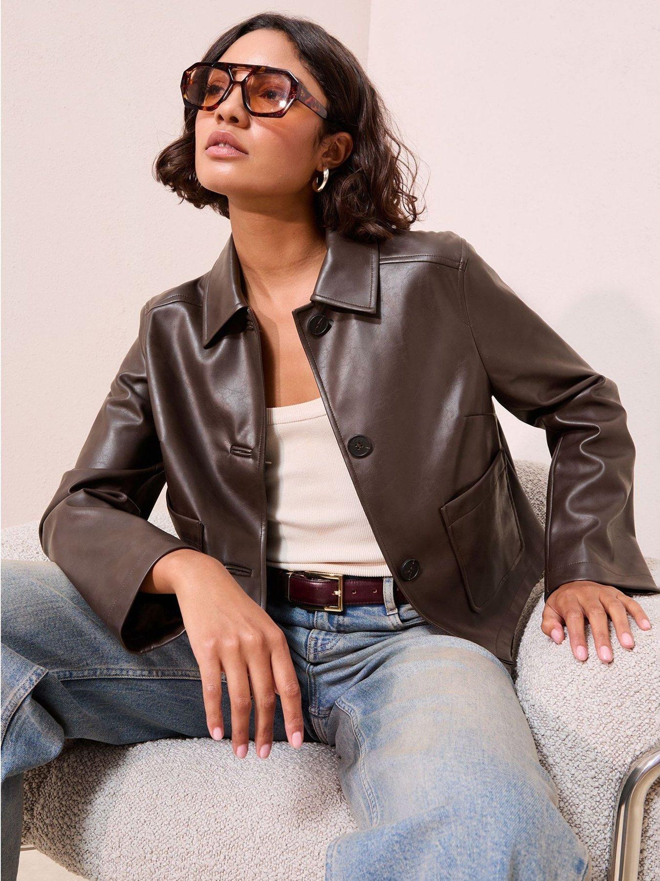 undefined Faux Leather Short Collared Jacket - Brown
