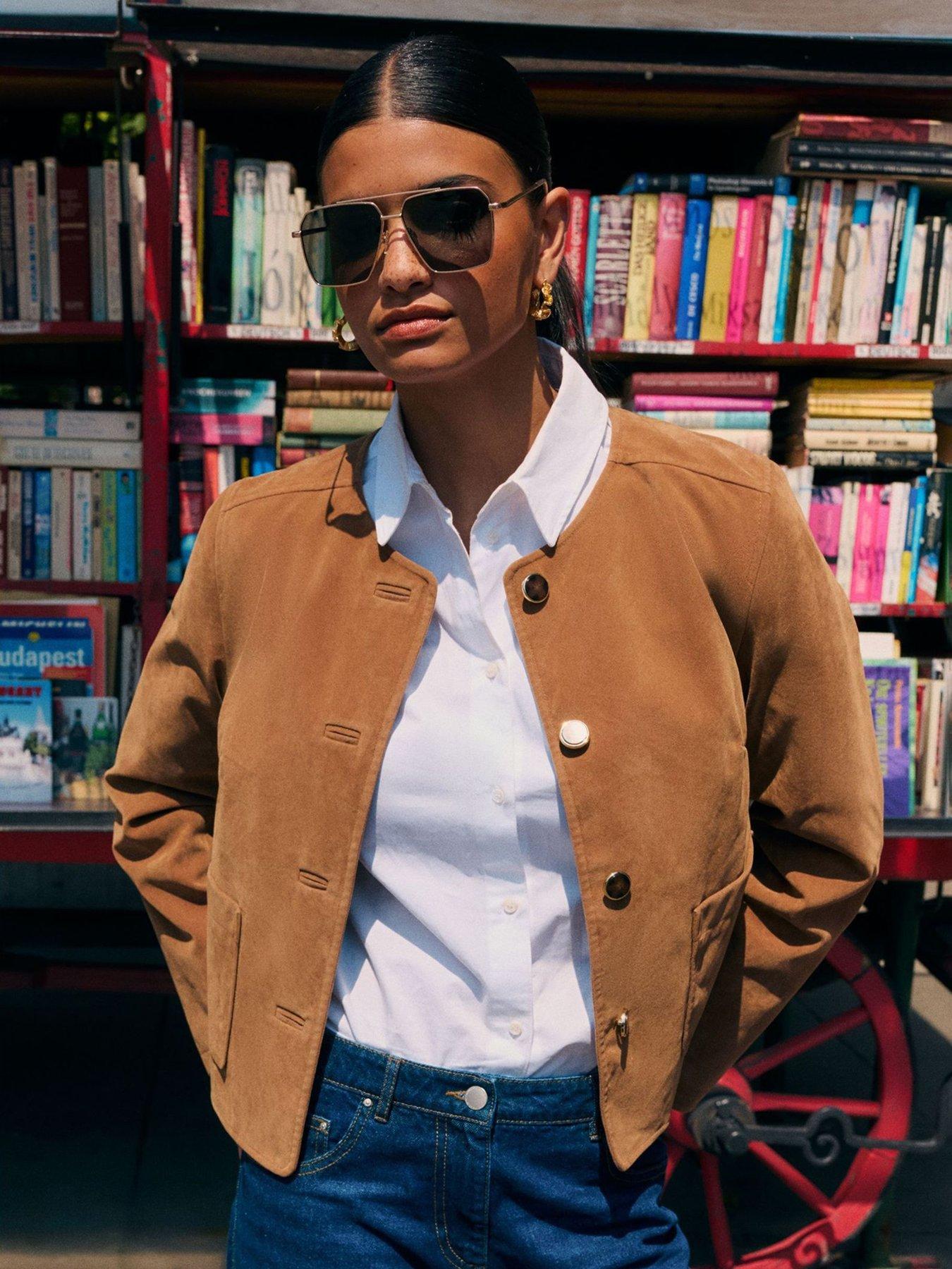 undefined Collarless Faux Suede Jacket - Brown
