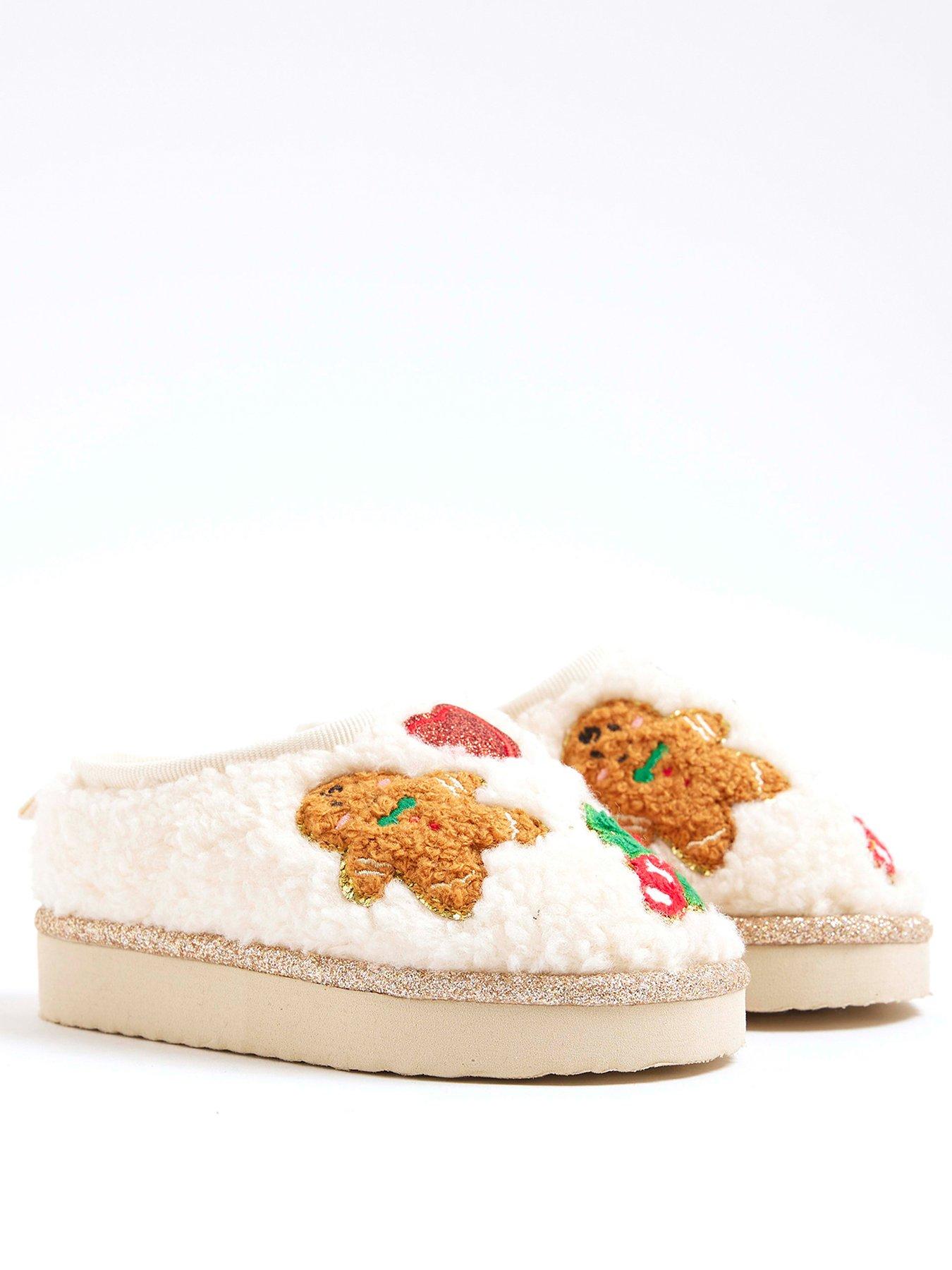 River Island Mini Girls Christmas Gingerbread Man Slippers Cream