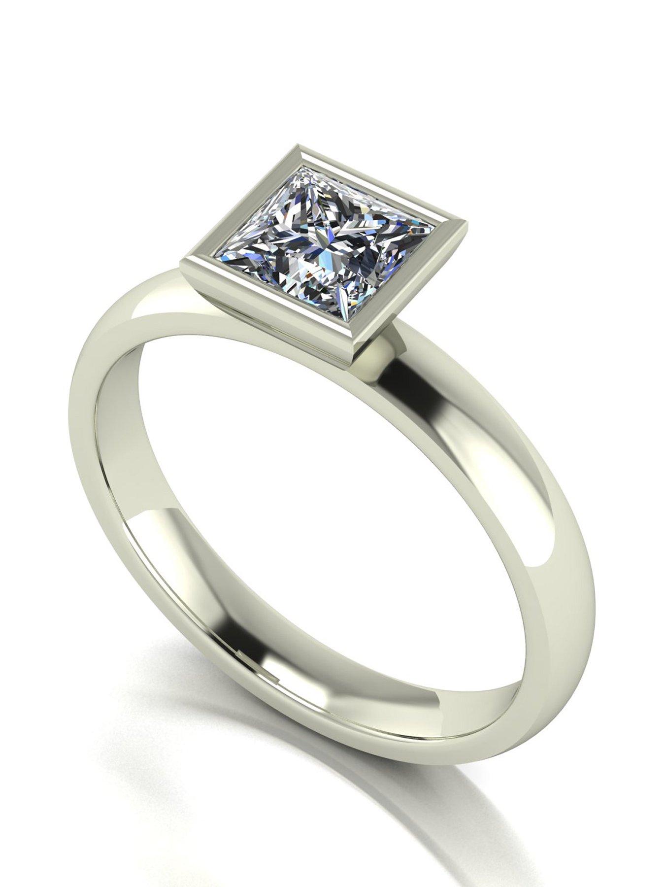 Moissanite 9Ct Gold 105Ct Rub Set Square Brilliant Wed Fit Solitaire Ring - White