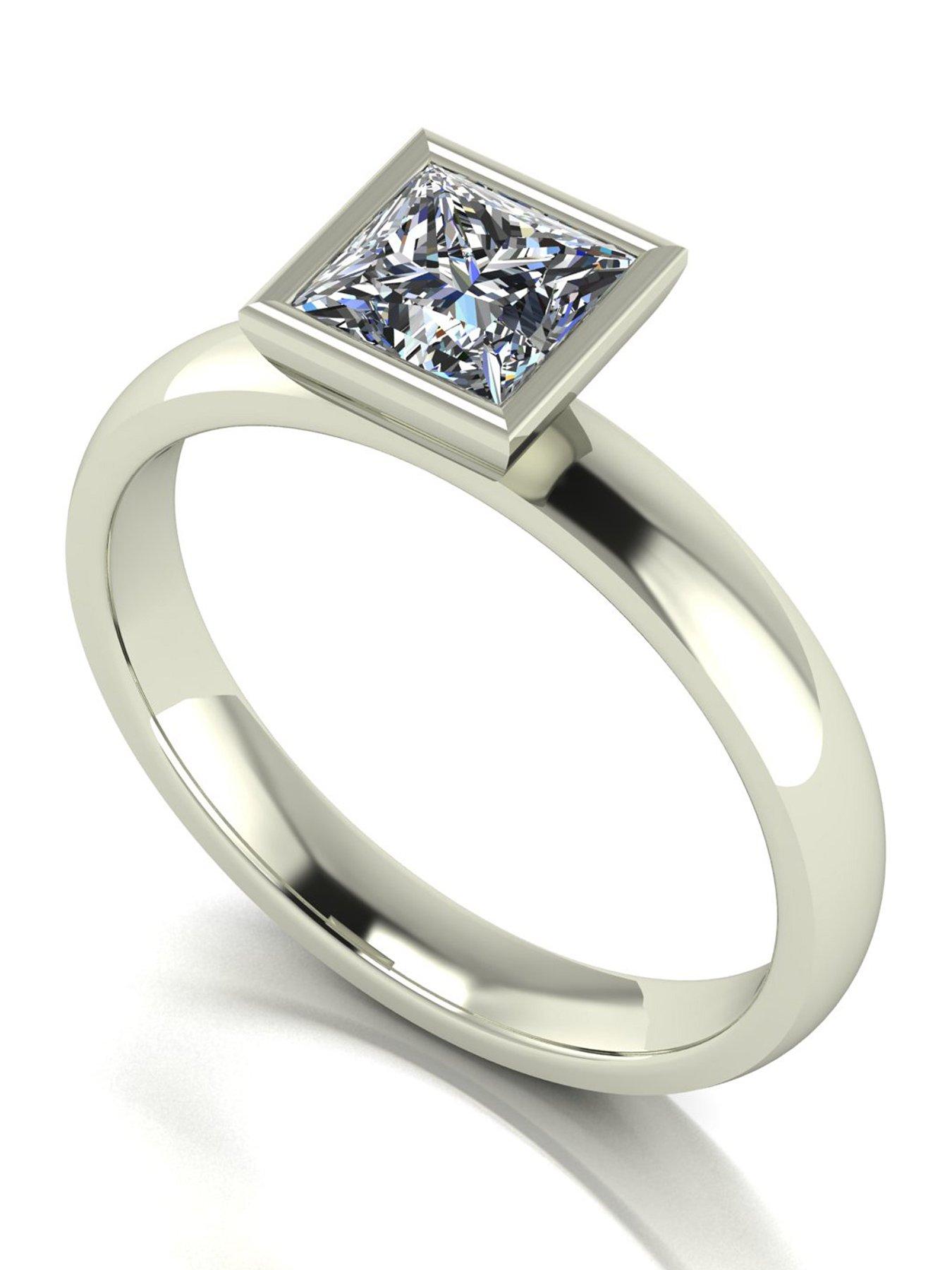 Moissanite 9Ct Gold 105Ct Rub Set Square Brilliant Wed Fit Solitaire Ring - White