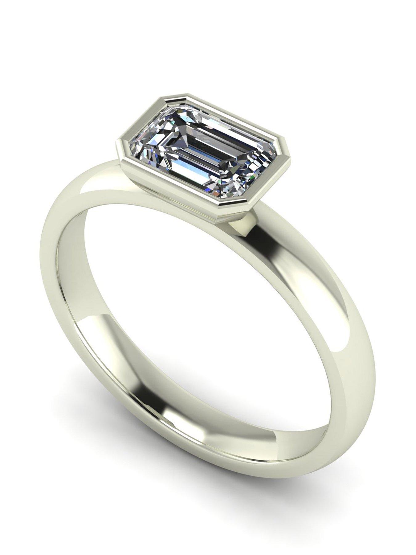 Moissanite 9Ct Gold 1Ct Rub Set Emerald Cut Wed Fit Solitaire Ring - White