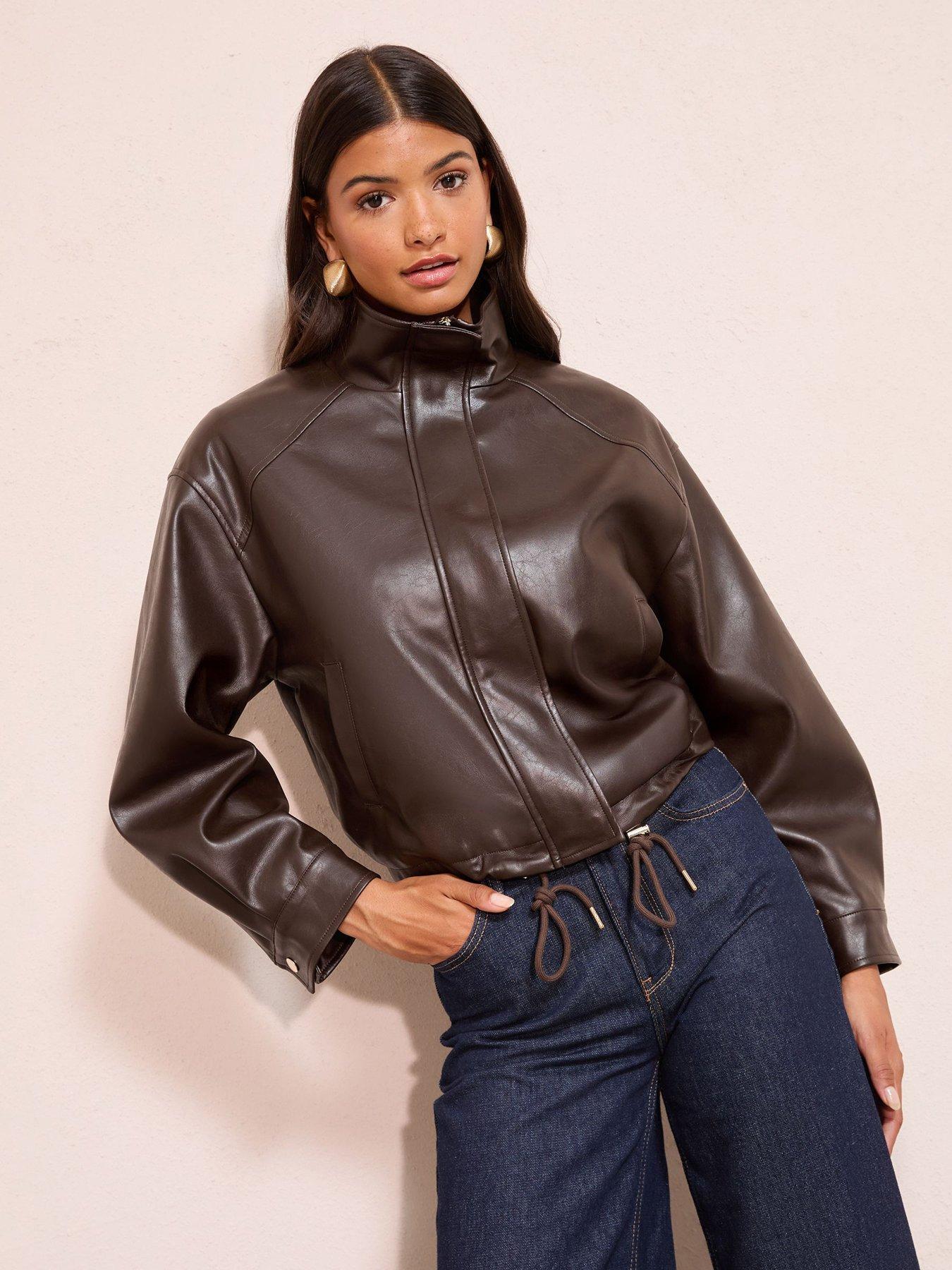 Image 1 of 4 of Friends Like These Pu Funnel Neck Bomber Jacket - Chocolate Brown