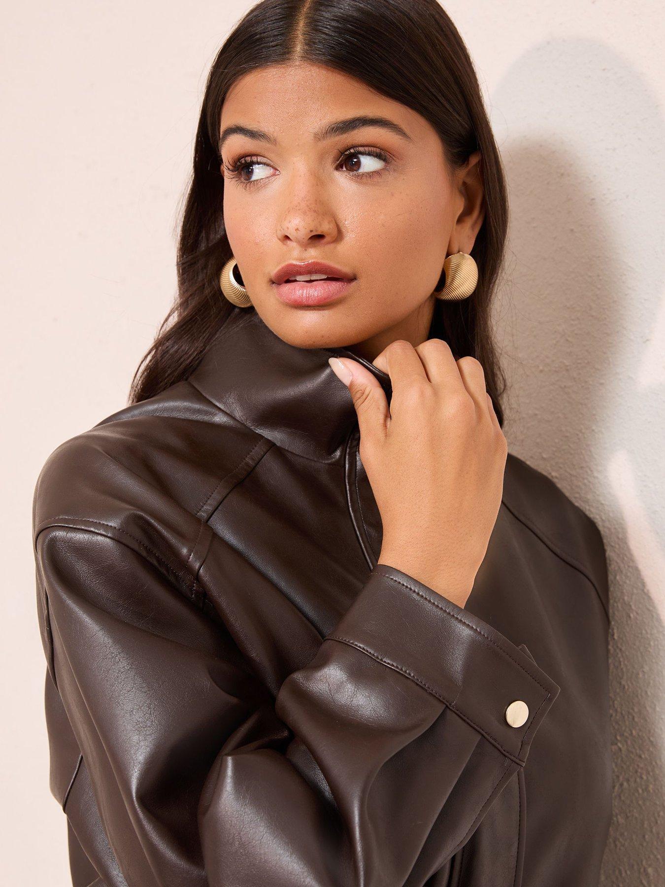 Image 4 of 4 of Friends Like These Pu Funnel Neck Bomber Jacket - Chocolate Brown