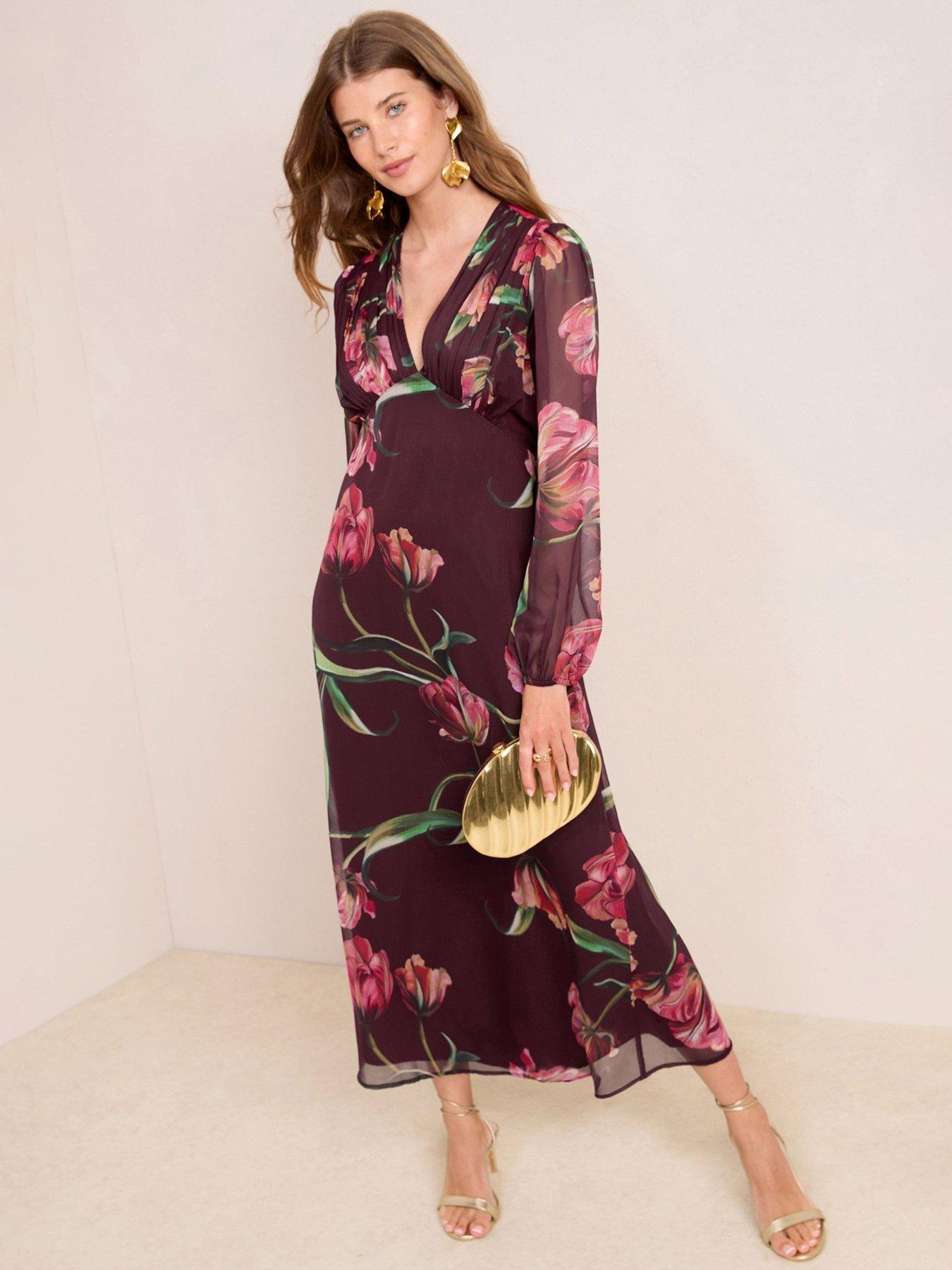 Friends Like These Floral Sheer Sleeve V Neck Midi Dress, Burgundy, Size 8, Women
