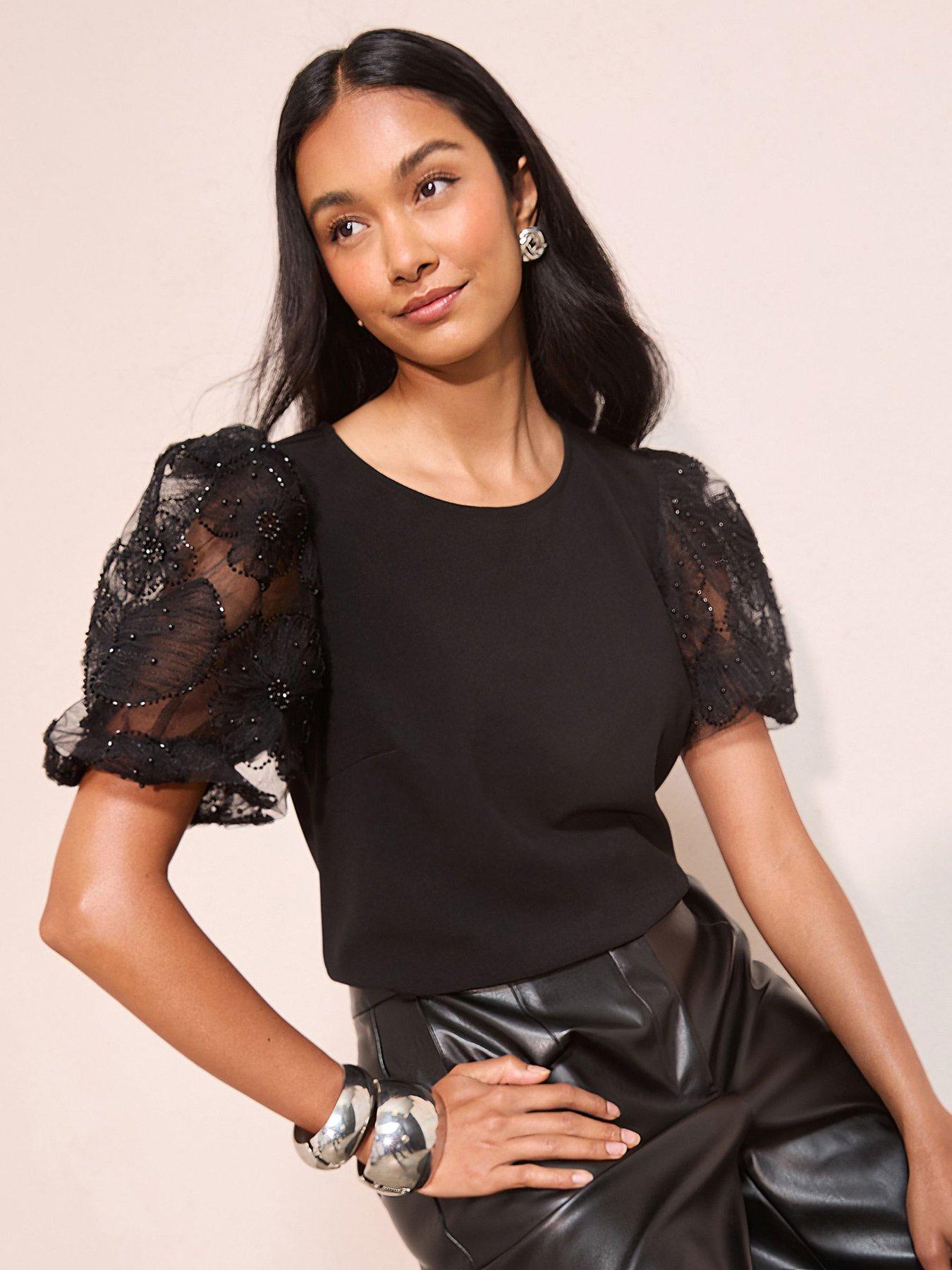 Friends Like These Cornelli Embellished Crepe Puff Sleeve Top - Black