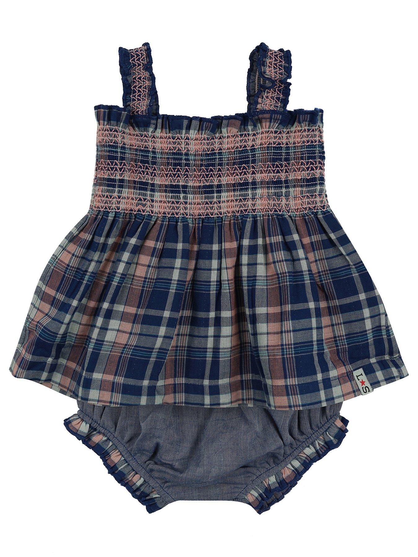 undefined Baby Girls Check Print Dress And Pant Set - Navy