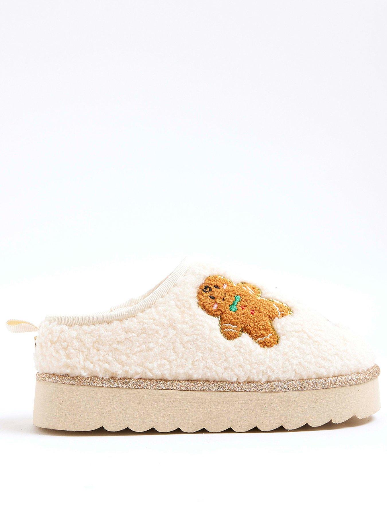 Image 1 of 5 of River Island Older Girls Christmas Gingerbread Man Slippers - Cream
